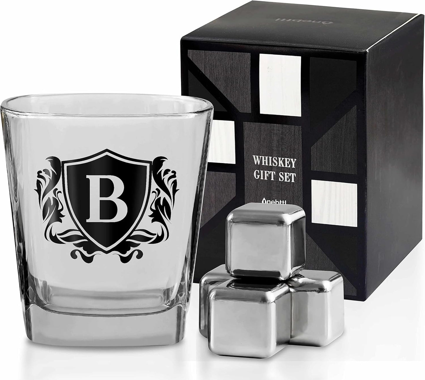 Whisky Gifts for Men, Personalized Initial Whiskey Glass with Whiskey Stones for Dad, Boyfriend, Best Friends, Coworkers, Husband, Brother, Uncle and Boss on Father's Day, Boss Day and Birthday - B