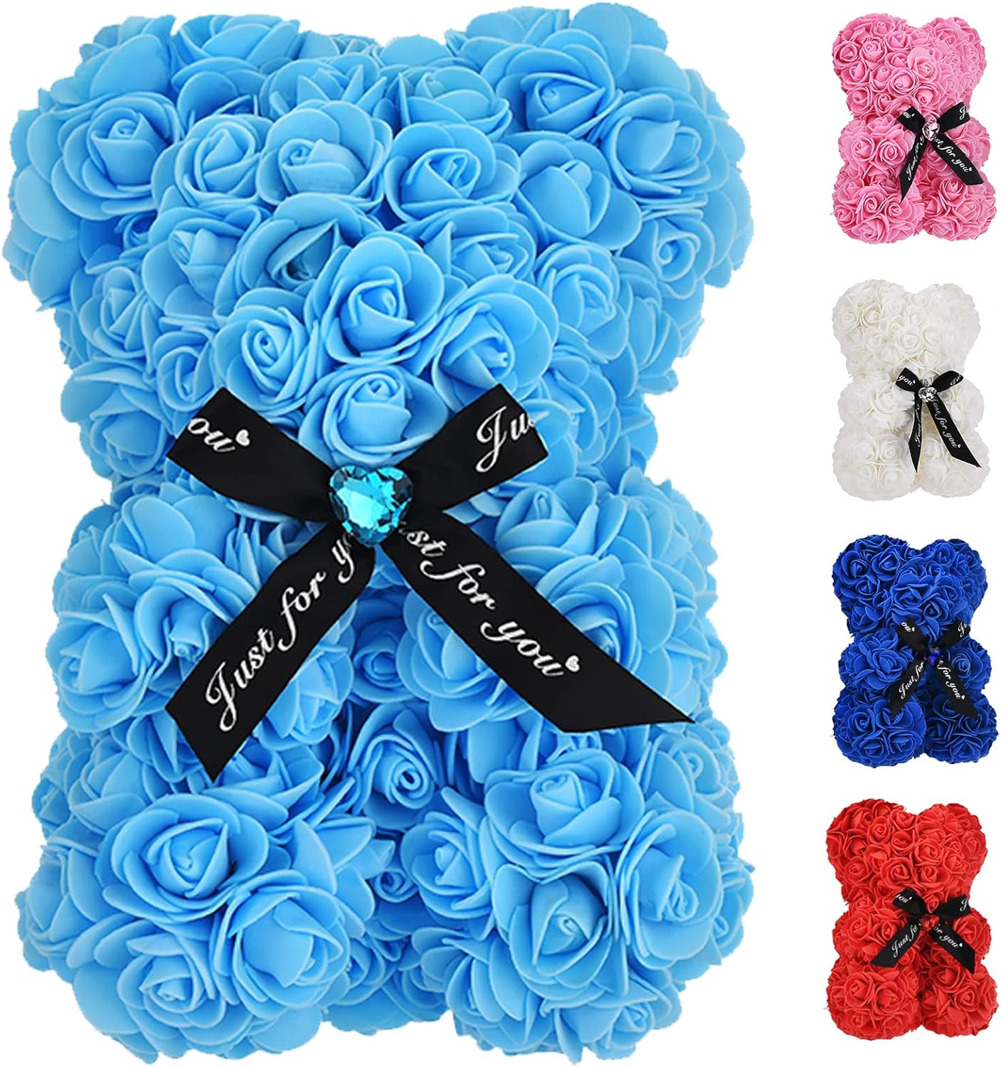 Artificial Rose Flower Bear,Perfect Romantic Gift for Her, Valentine's Mother's Day, Christmas, Birthday,Thanksgiving Party Anniversary Girl Friend Wife with Heart-Shaped Diamond Light Blue.