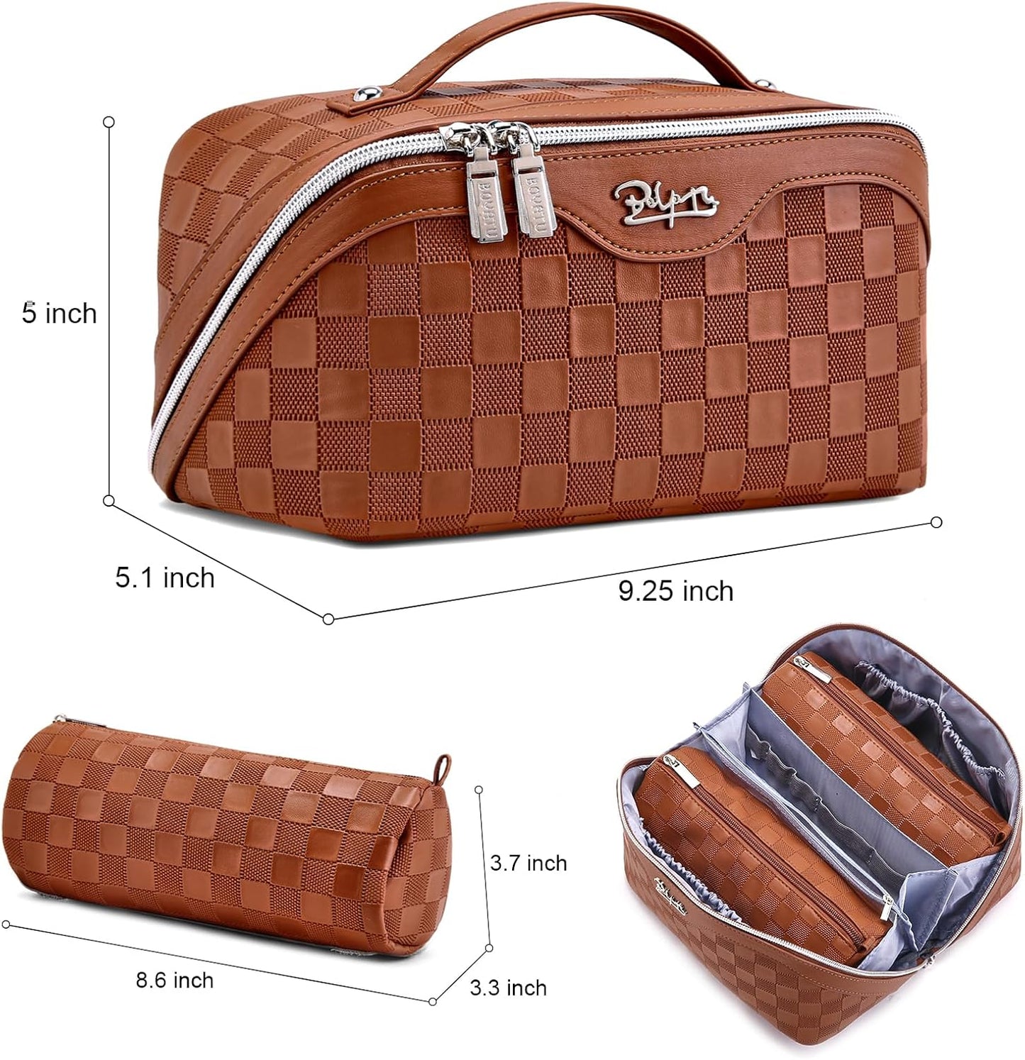 Travel Makeup Bag Organizer Cosmetic Bag: 3 Pcs Set Make up Bags for Women with Handle - Waterproof Vegan Leather Toiletry Bags with Comparments (C-10-Brown)