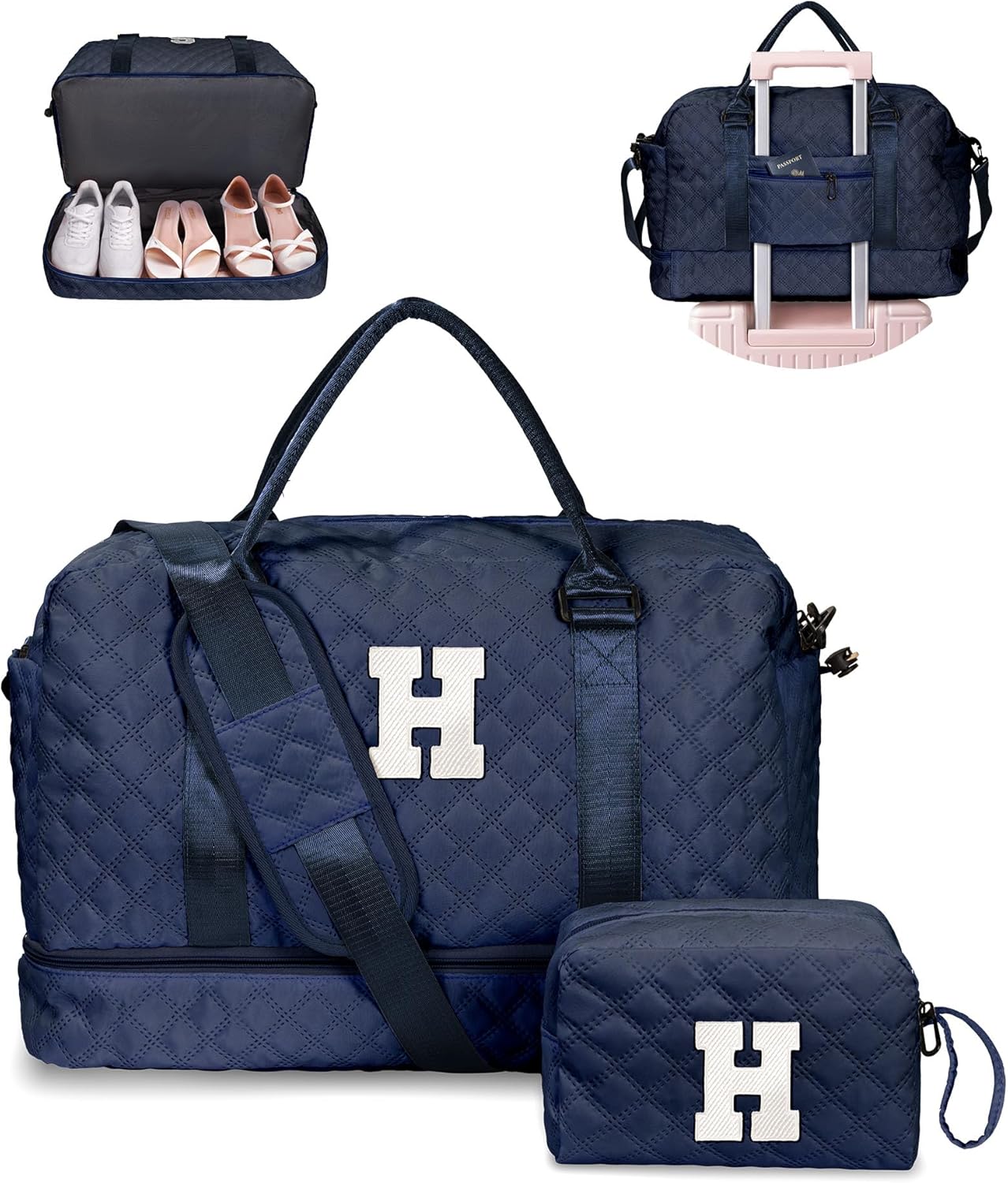 Gifts for Teen-Girls-Initial Duffle Bag with Shoe Compartment, Personalized Weekender Bag, Monogram Overnight Bag, Travel Bag with Makeup Bag,Birthday Gift Graduate Gifts for Her (Letter H)