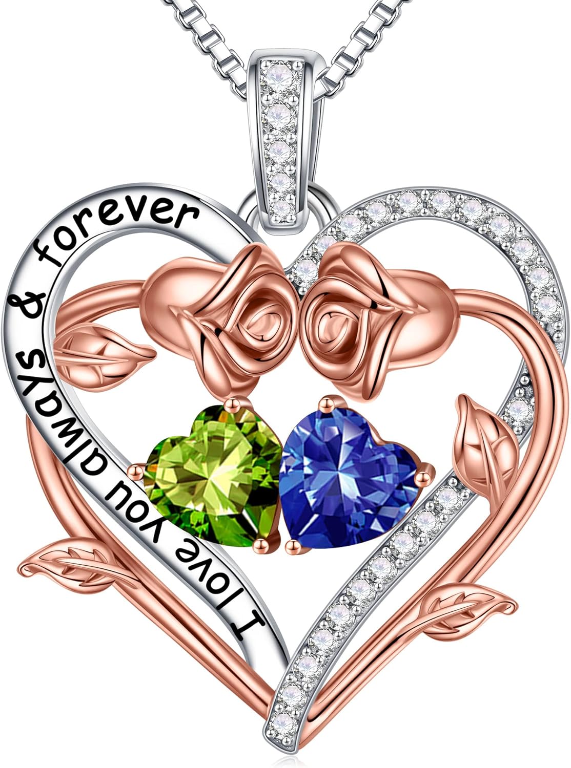 Iefil Rose Heart Double Birthstone Necklace Gifts for Wife Her Mom Women, Birthstone Jewelry Gemstone Birthday Gifts for Girlfriend Grandma Her Wife Women