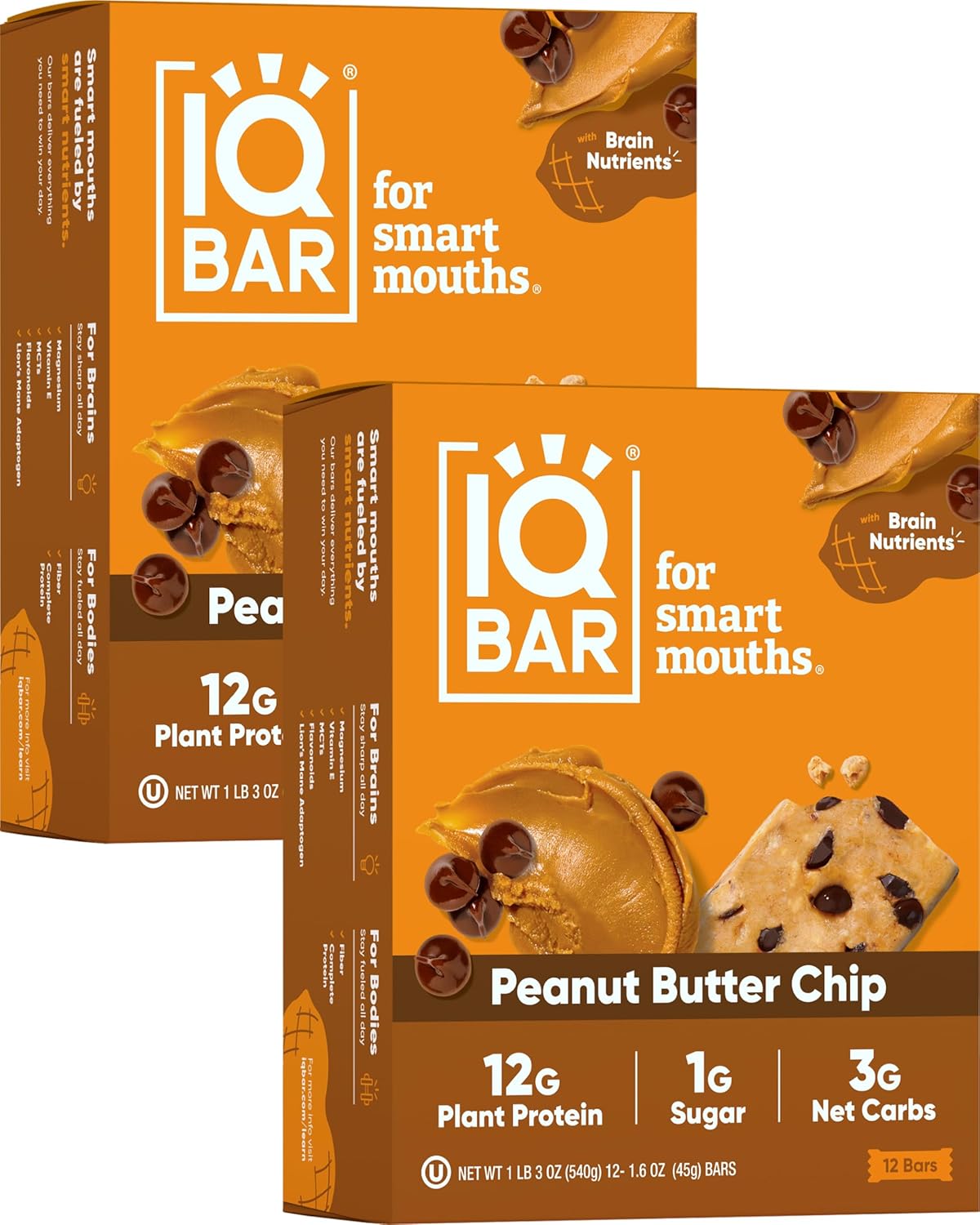 IQBAR Brain and Body Plant Protein Bars - Peanut Butter Chip - 24-Count Low Carb - Gluten Free, High Fiber, Vegan Snacks - Low Sugar Meal Replacement