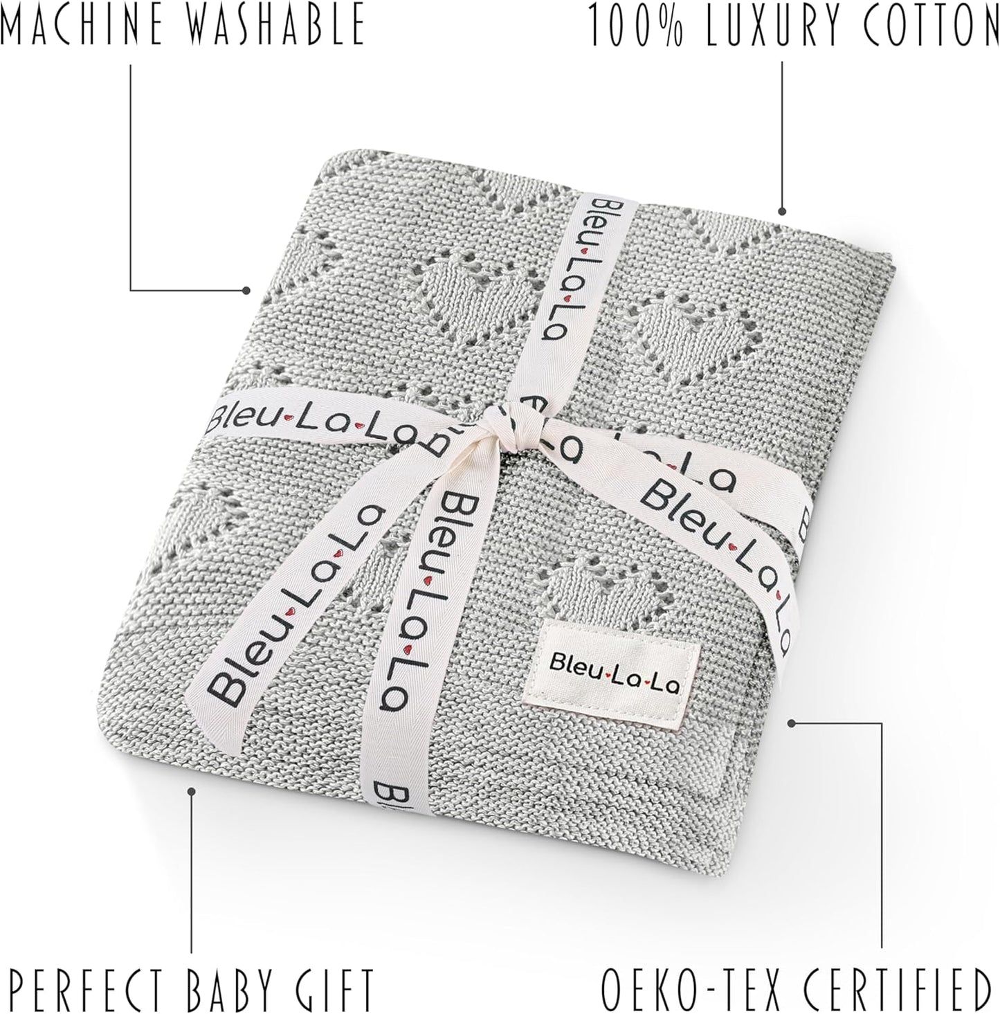 100% Cotton Unisex Knit Swaddle Baby Blanket for Girls and Boys - Soft Warm Cozy Swaddler Receiving Cuddle Stroller Crib Heart Blanket for Newborns, Infants Toddlers (Grey, 0-2 Years)