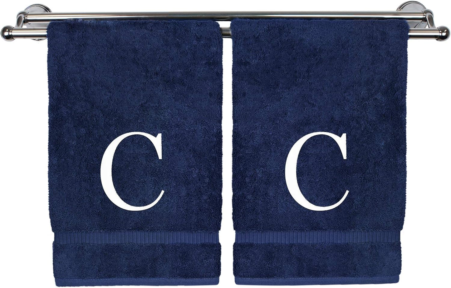 Monogrammed Hand Towel, Personalized Gift, Set of 2- White Block Letter Embroidered Towel - Extra Absorbent 100% Turkish Cotton - Soft Terry Finish - Initial C Navy