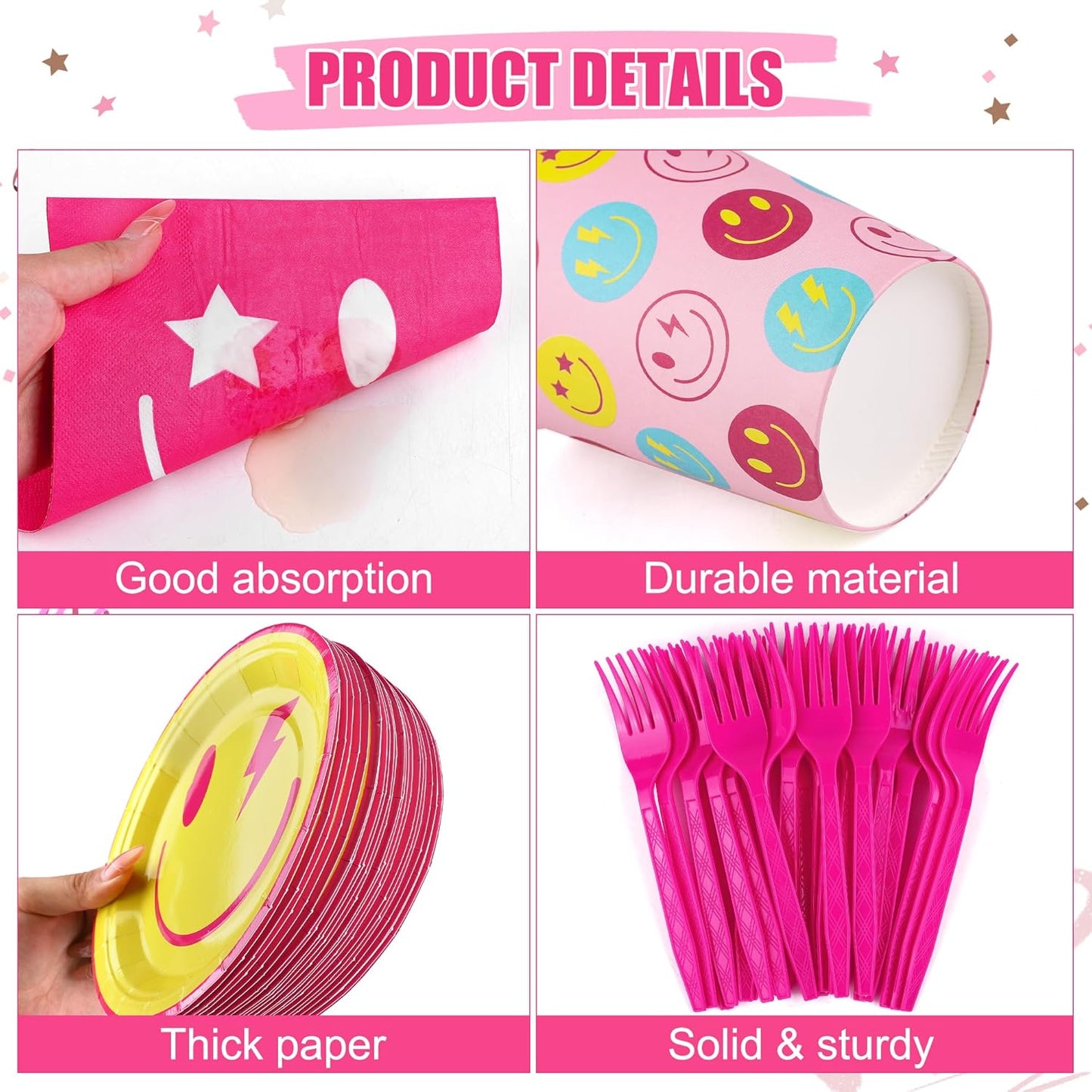 144 Pieces Preppy Smile Party Tableware Sets Including Disposable Plates Napkins Cups Forks Serves 24 for Smile Face Party Birthday Baby Shower Decor Party Supplies