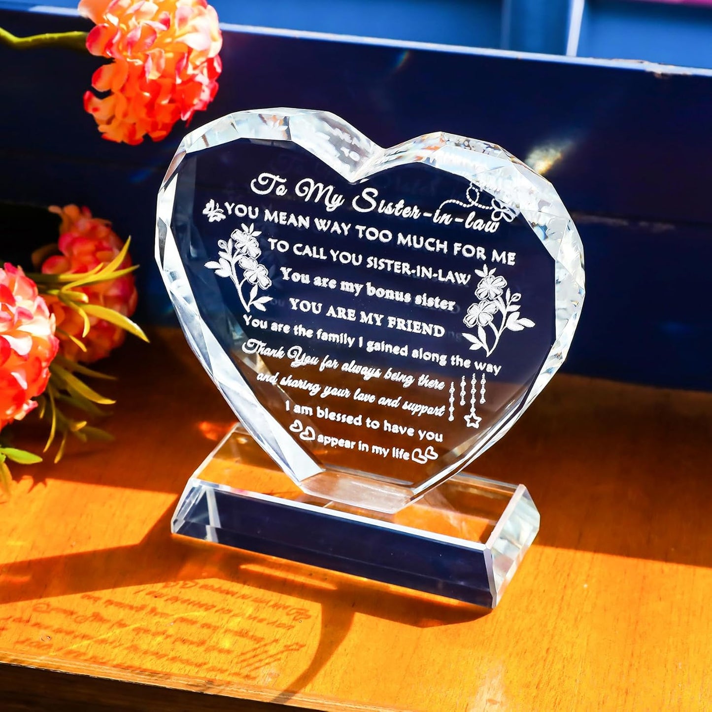 YWHL Sister in Law Birthday Gifts Heart Crystal Keepsake Wedding Gifts for Sister in Law Unique Gift Ideas for Christmas Mother's Day Thanksgiving