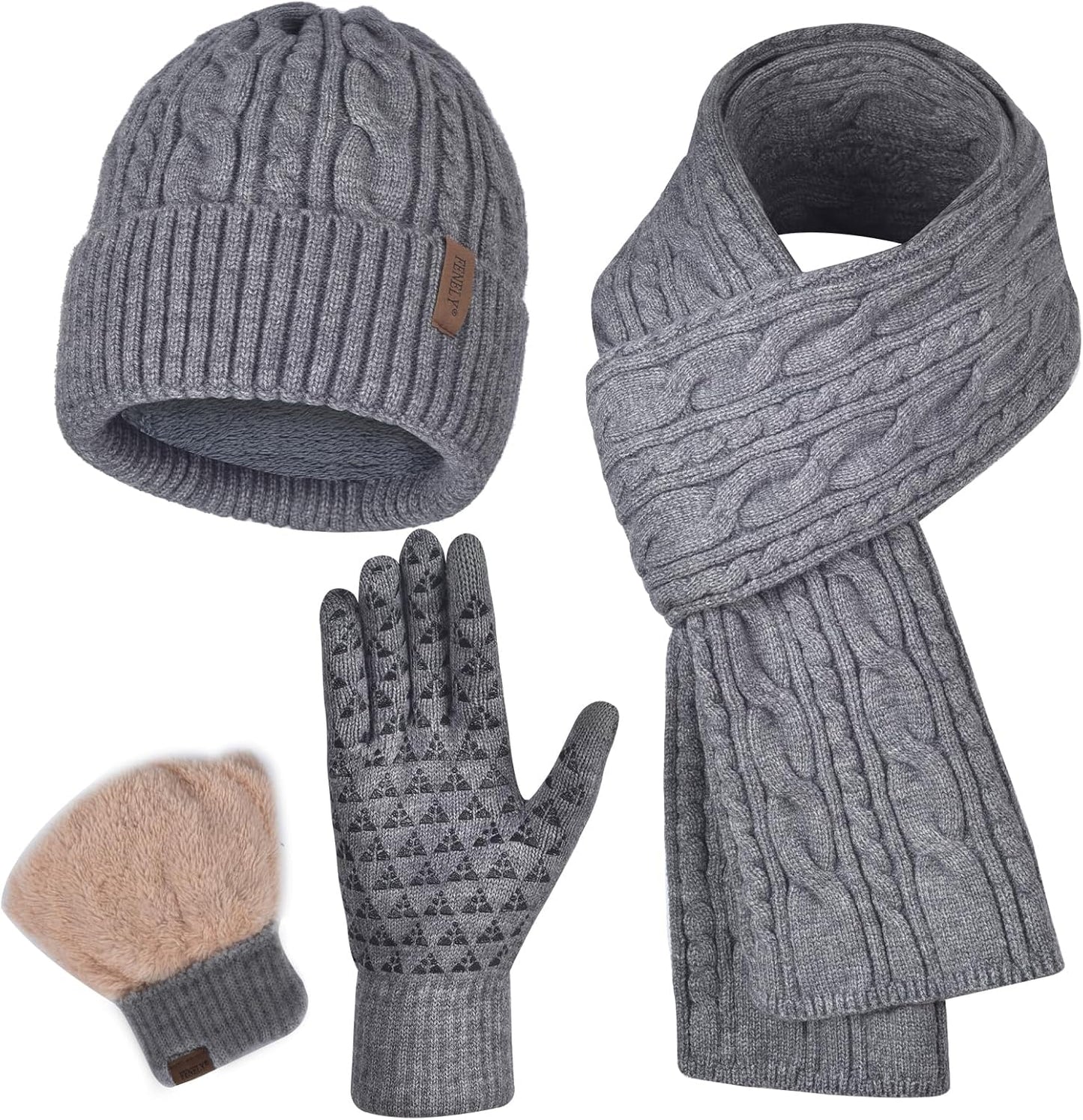 Men Winter Beanie Hat Touchscreen Gloves Scarf Set Warm Fleece Lined