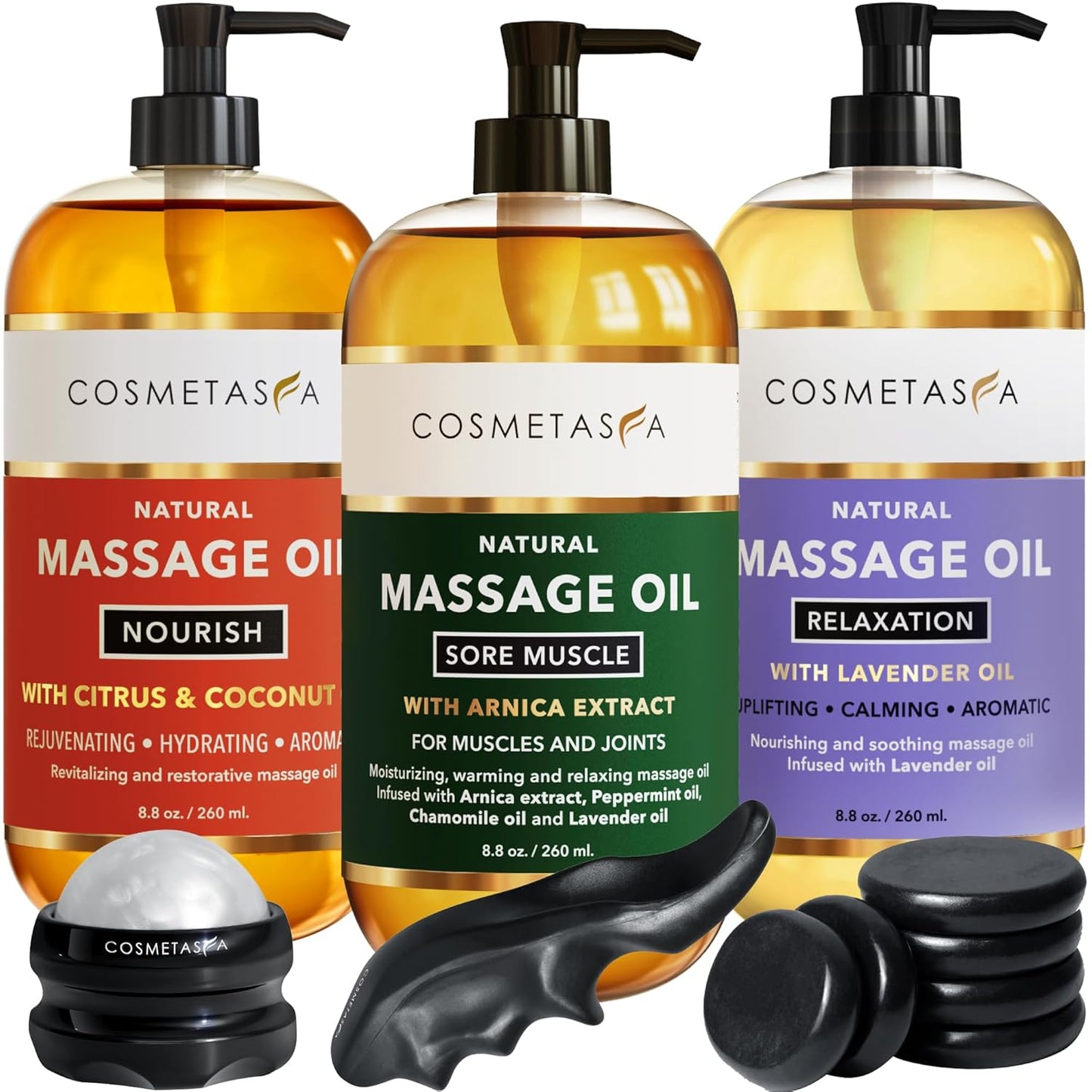 Cosmetasa Spa Gift Set for Women & Men - Relaxation Lavender Massage Oil, Citrus Coconut Oil, Arnica Sore Muscle Massage Oil with Hot Stones, Roller Ball and Thumb Saver Massage Tools