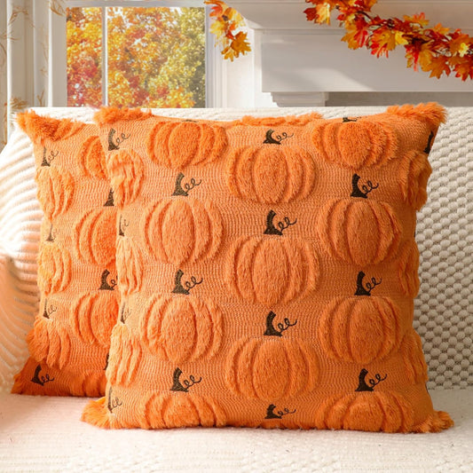 4TH Emotion Fall Pumpkin Decorative Pillow Covers 18x18 Set of 2, Orange Soft Plush Faux Fur Wool Farmhouse Throw Cushion Cases for Autumn Thanksgiving Holiday Home Decorations