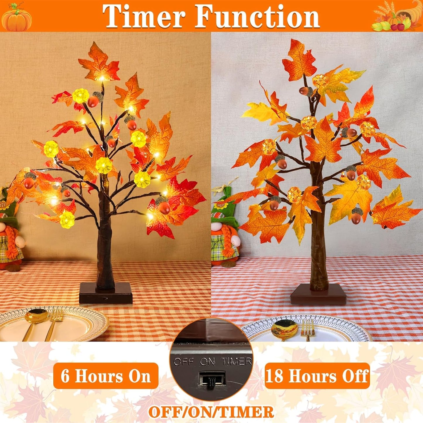 TURNMEON Fall Decor 2 Pack 18 Inch Prelit Fall Maple Tree Thanksgiving Fall Decorations for Home with 48 LEDs Timer Battery Operated Pumpkin Lights 6 Acorn Tabletop Halloween Decorations Indoor Autumn