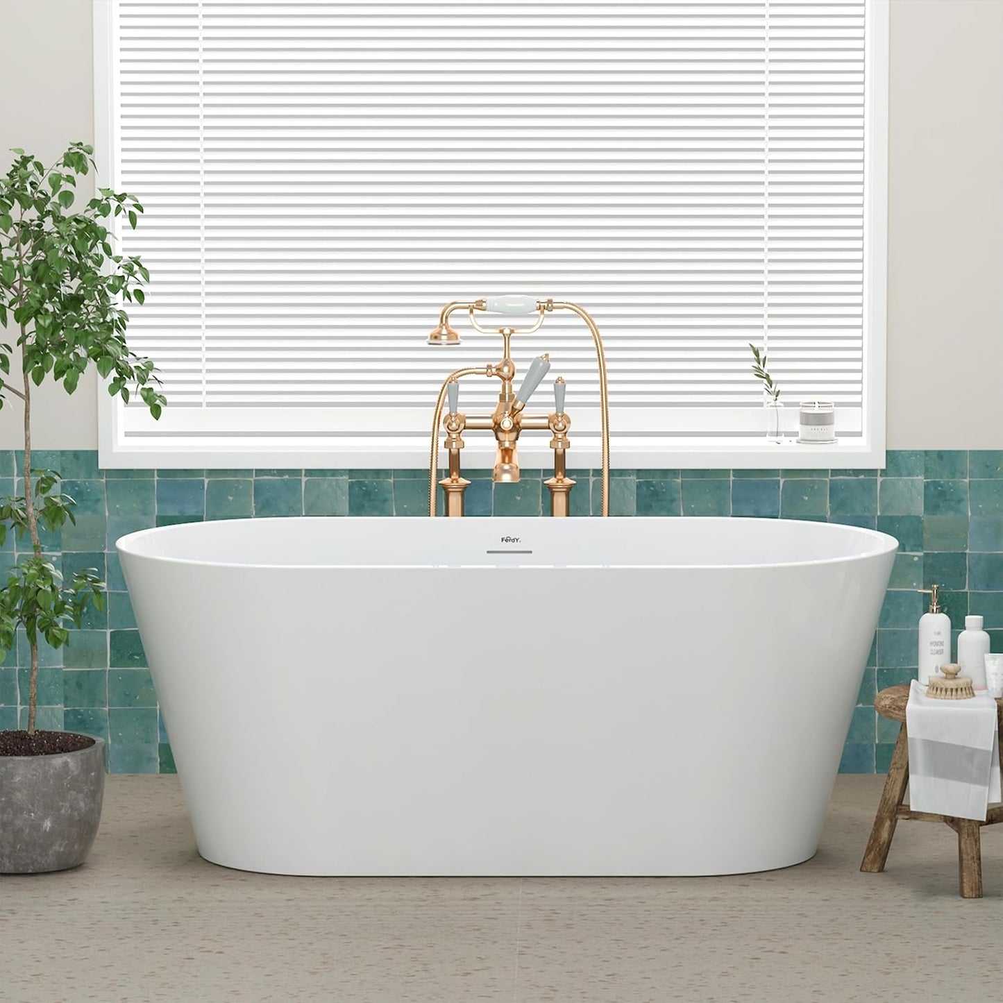 FerdY 59" Shangri-La Elite, Acrylic Freestanding Bathtub, Modern & Contemporary Design Soaking Tub with Brushed Nickel Pop-Up Drain and Minimalist Design Overflow, Glossy White, cUPC Certified