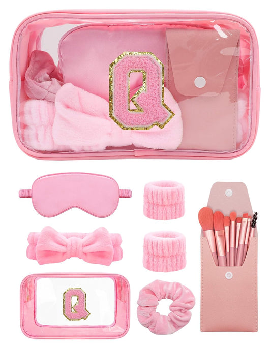 Gift Sets for Women, Initial Makeup Bag with Makeup Brush Set Bachelorette Party Favors, Pink Spa Kit with Skincare Headbands Wrist Bands Sleepover Party Supplies Gifts for Teen Girls Bridesmaid Q