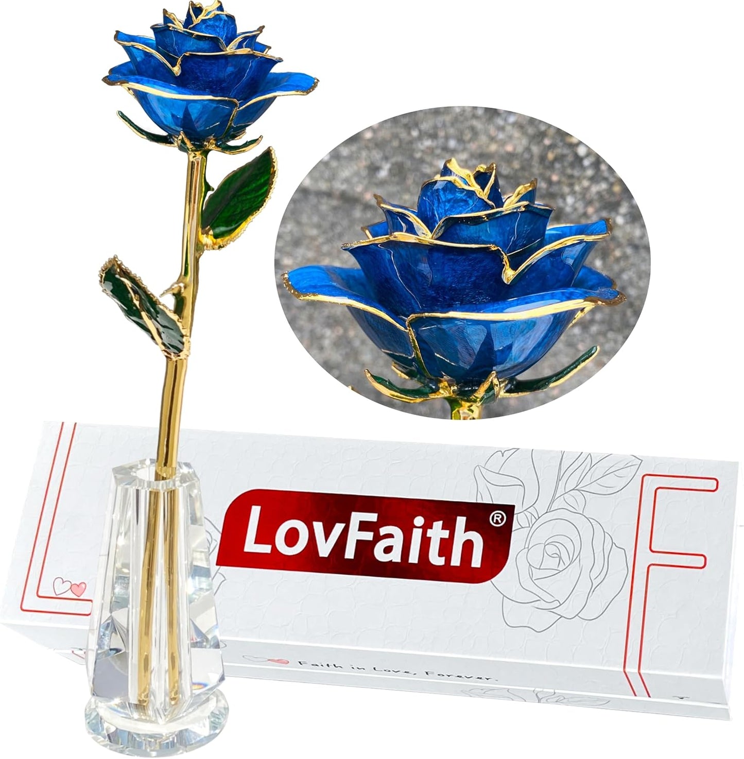 Valentine Gift Real Rose Dipped 24K Gold with Crystal Stand, Best Anniversary Rose Gift for Her Wife Mother Birthday Christmas (C23. Deep Blue -Thick Gold Blooming)