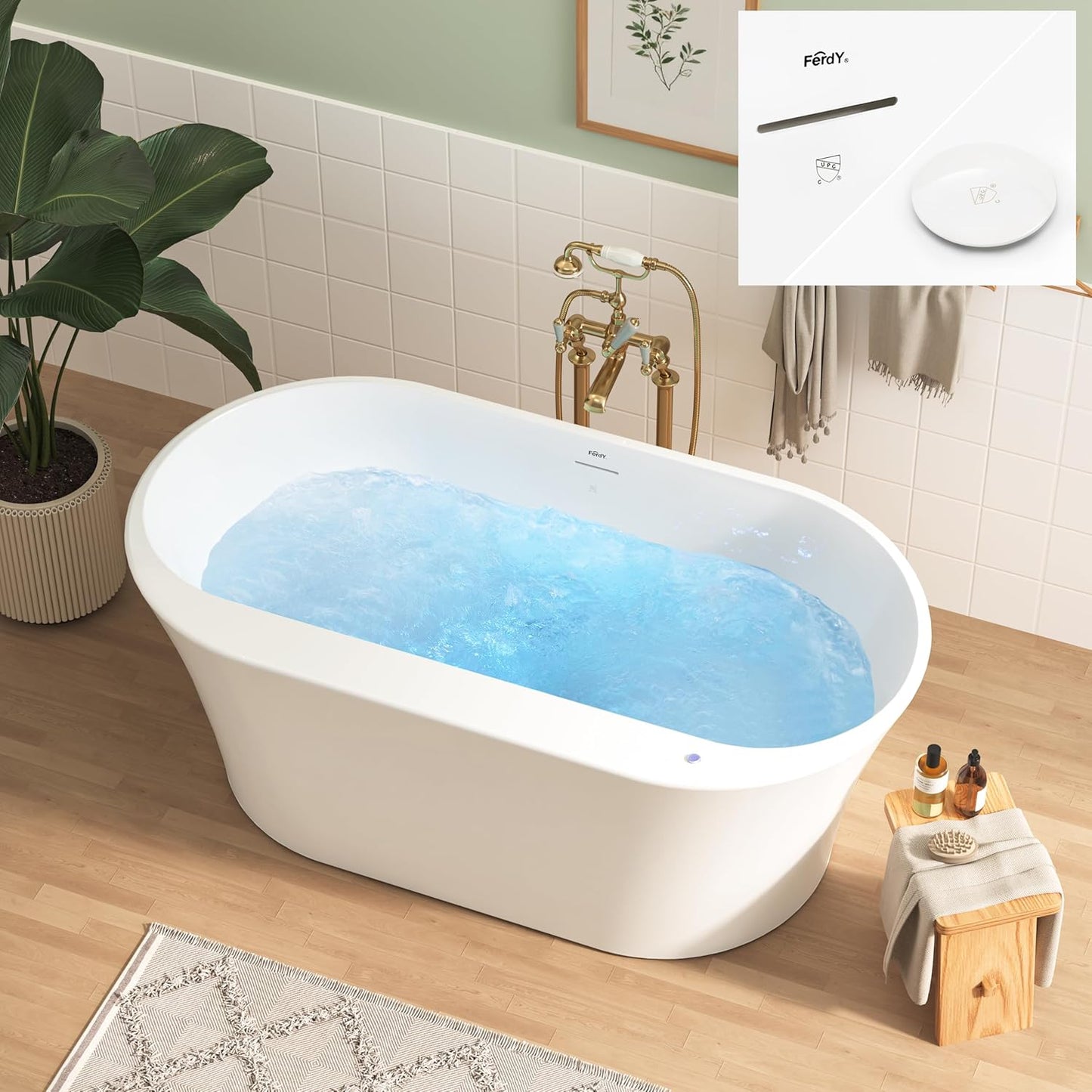 FerdY Mauritius 59 Inch Acrylic Freestanding Whirlpool Bathtub, Oval with 8 Water SPA Jets Morden White Stand Alone Jetted Tub, Luxury Acrylic Free Stand Deep Soaking Bath Tub