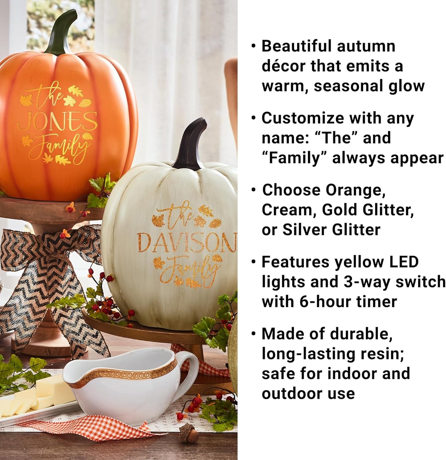 Let's Make Memories Personalized Light Up Pumpkin - Jack-o-Lantern Halloween Décor - Your Family Name on a Custom Pumpkin - Fall Decor - Light Up Indoors/Outdoors - Leaves Pattern - Cream - XL
