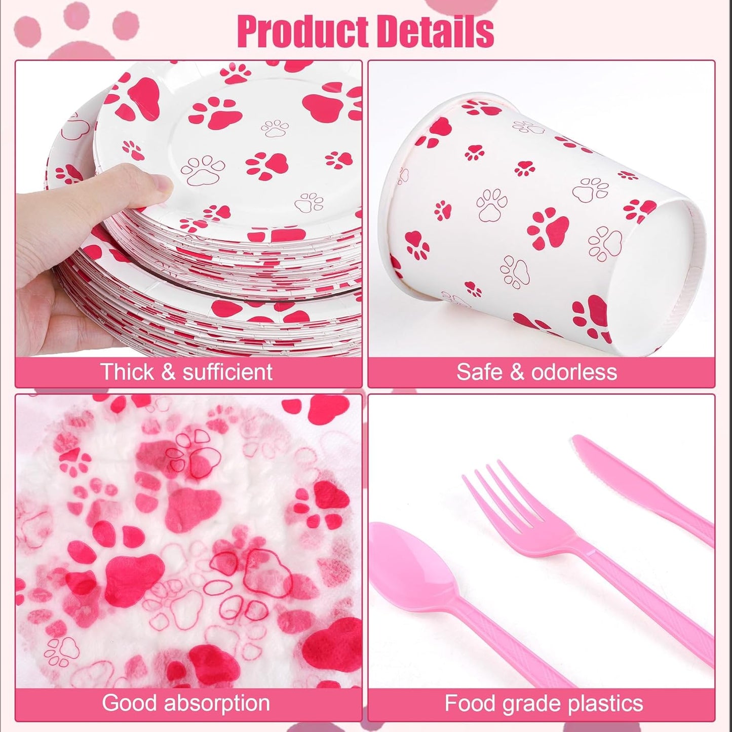 400 Pieces Pink Paw Disposable Party Tableware Sets Dog Puppy Supplies Including Plates Cups Napkins Cutlery Serves 50 for Birthday Puppy Theme Party Decorations