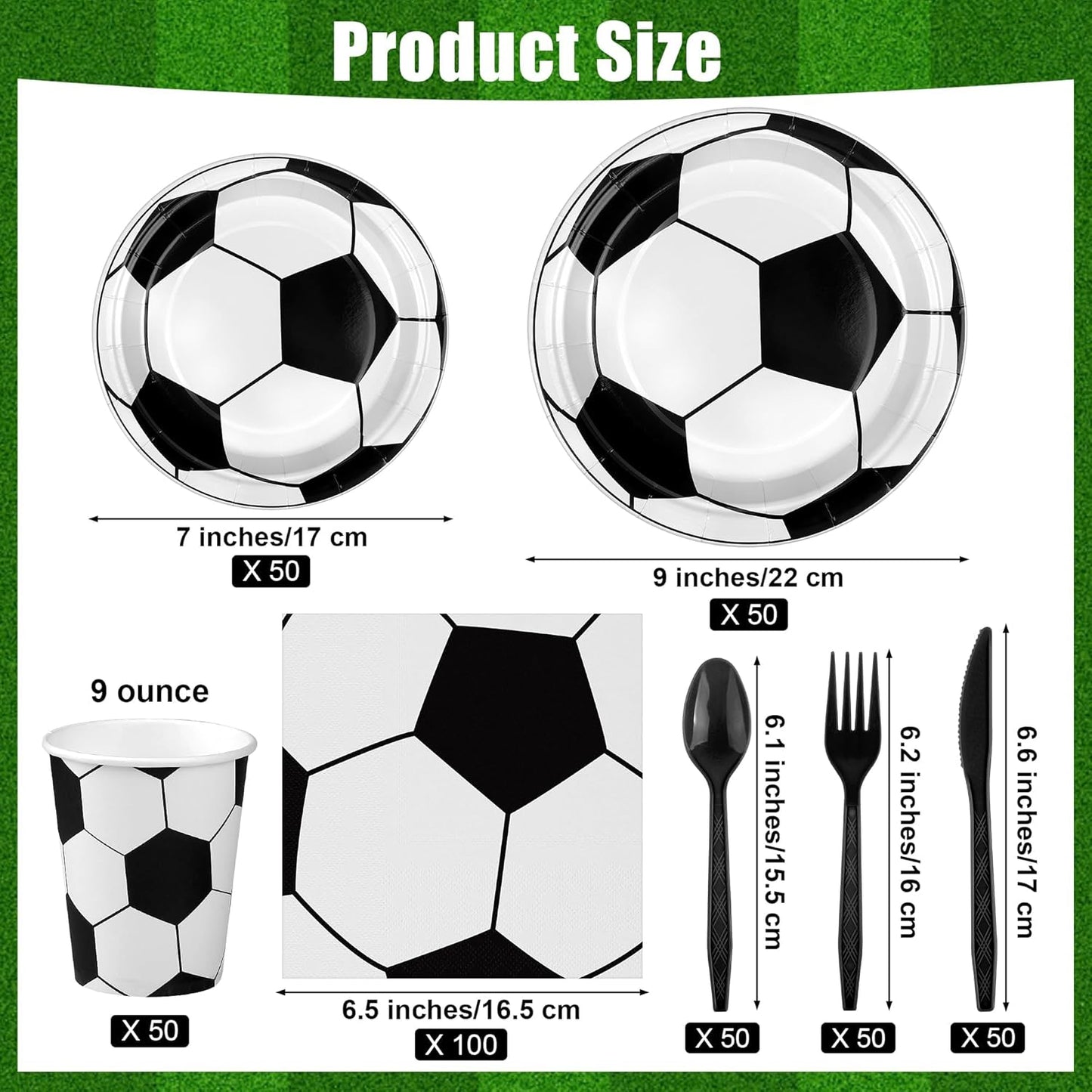 400 Pieces Soccer Disposable Party Tableware Sets Including Plates Cups Napkins Cutlery Serves 50 for Soccer Games Sports Birthday Party Decorations