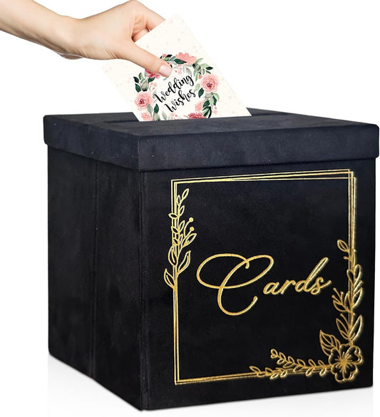 Wedding Card Box - 9" x 9" Black Collapsible Velvet - Covered Design - Cards Box for Wedding Receptions, Birthdays Party, Bridal & Baby Showers, Graduations, Anniversaries - Holding upto 150 Cards