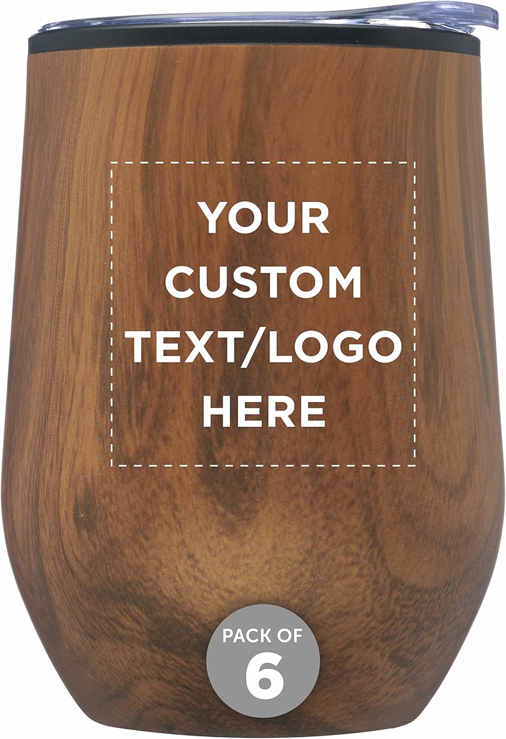 Custom Palmera Stemless Wine Tumblers with Lids 12 oz. Set of 6, Personalized Bulk Pack - Perfect for Wine, Cocktails, Other Hot & Cold Beverages - Wood