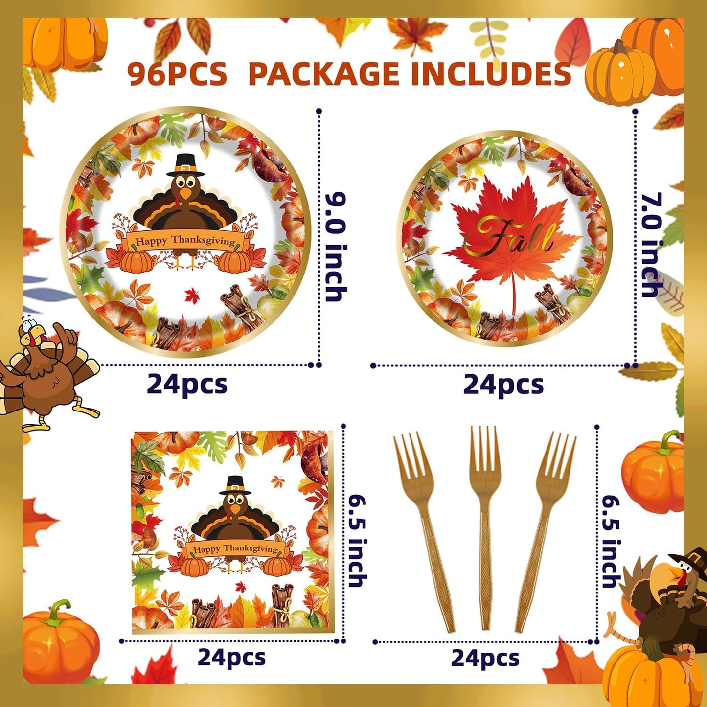 Fall Thanksgiving Party Supplies 96 Pcs Thanksgiving Paper Plates and Napkins Forks Pumpkin Turkey Autumn Disposable Tableware Set for Fall Harvest Party Decorations