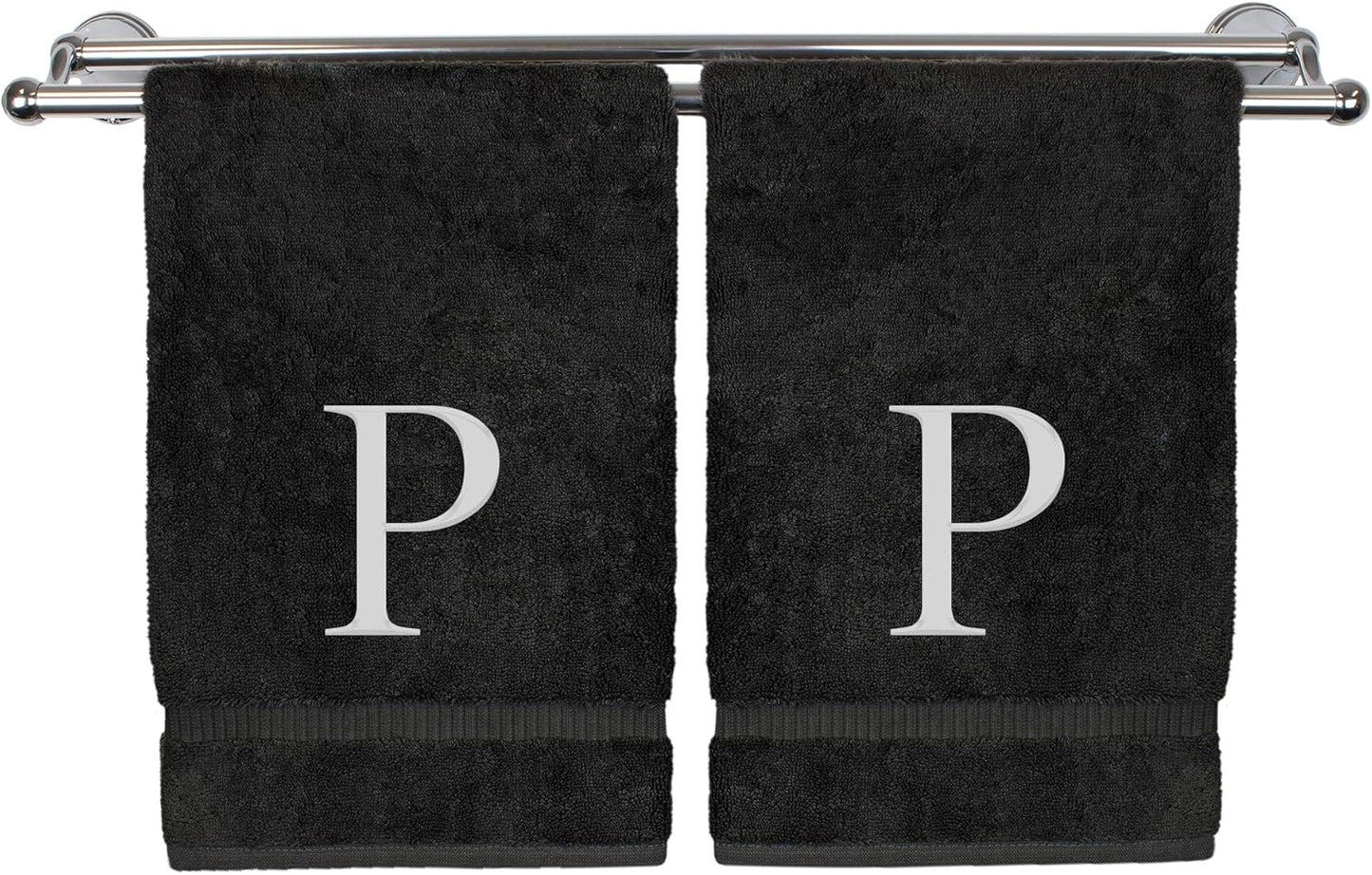 Monogrammed Hand Towel, Personalized Gift, Set of 2- White Block Letter Embroidered Towel - Extra Absorbent 100% Turkish Cotton - Soft Terry Finish - Initial P Black