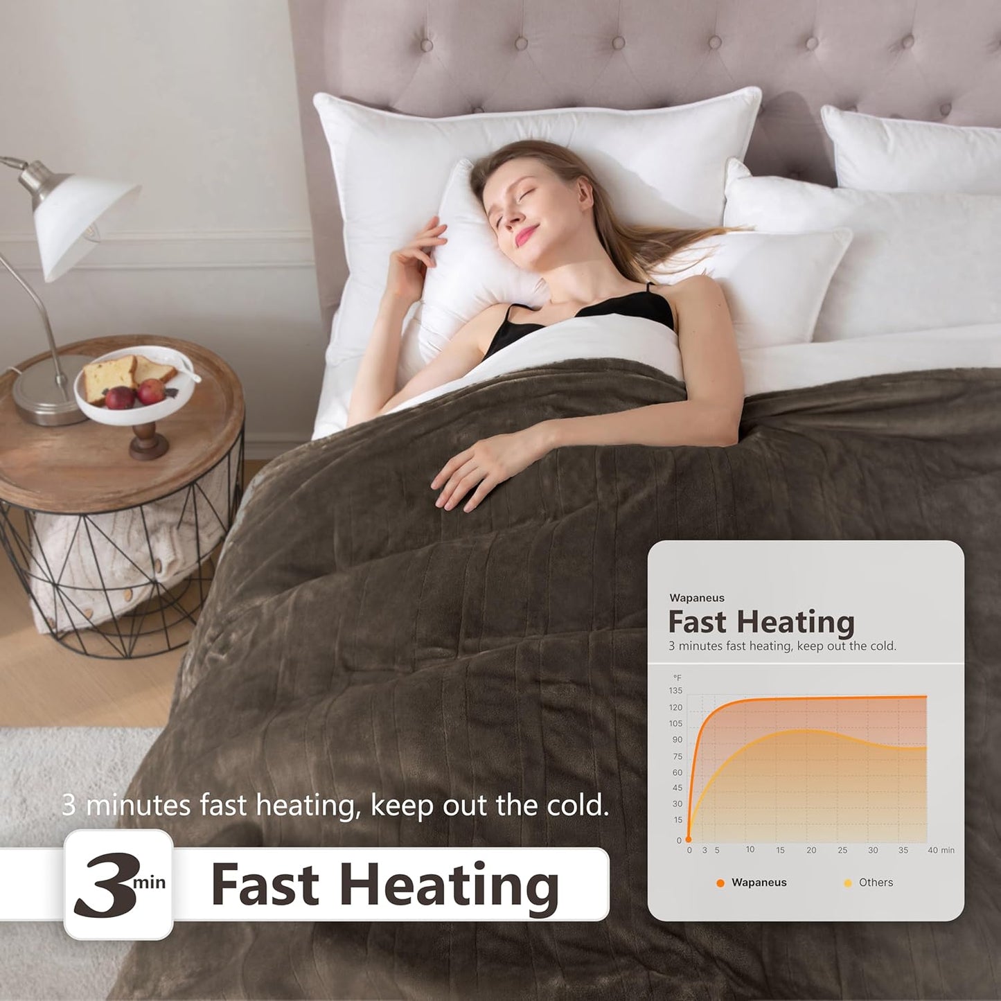 Wapaneus Heated Blanket Electric Queen Size 84"x90"-Dual Control with 10 Heat Levels 12 Timer Settings and 8 Hours Auto-Shut Off,Fast-Heating Electric Blanket,ETL Listed Machine Washable,Dark Brown