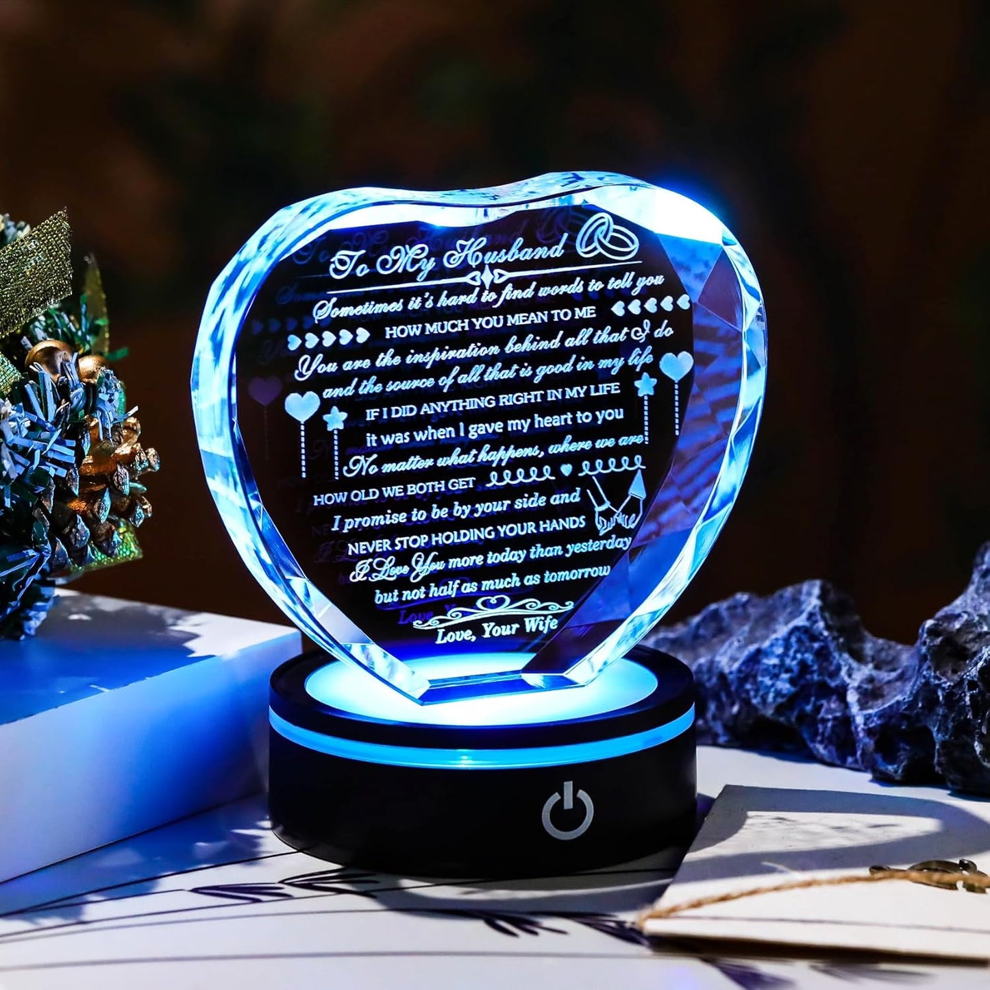 Gifts for Husband with Colorful LED Base Romantic Anniversary Wedding Gifts for Men Crystal Heart to My Husband Birthday Gift from Wife I Love You Gifts for Him on Valentine's Fathers Day Christmas