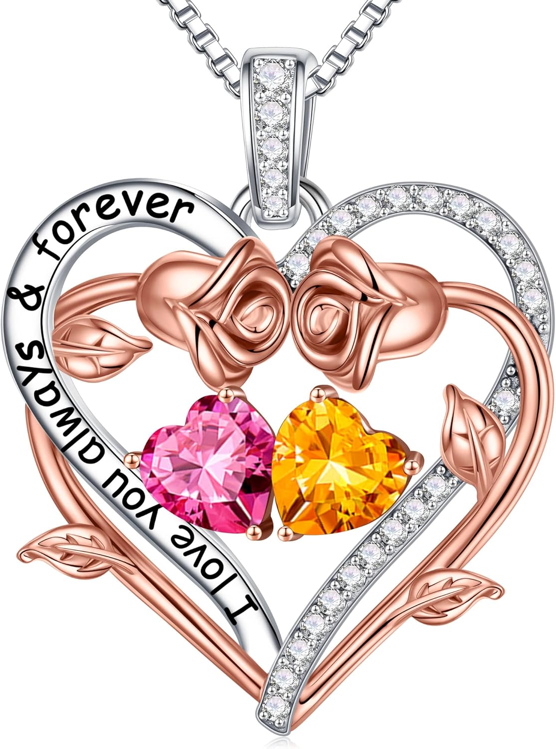 Iefil Rose Heart Double Birthstone Necklace Gifts for Wife Her Mom Women, Birthstone Jewelry Gemstone Birthday Gifts for Girlfriend Grandma Her Wife Women