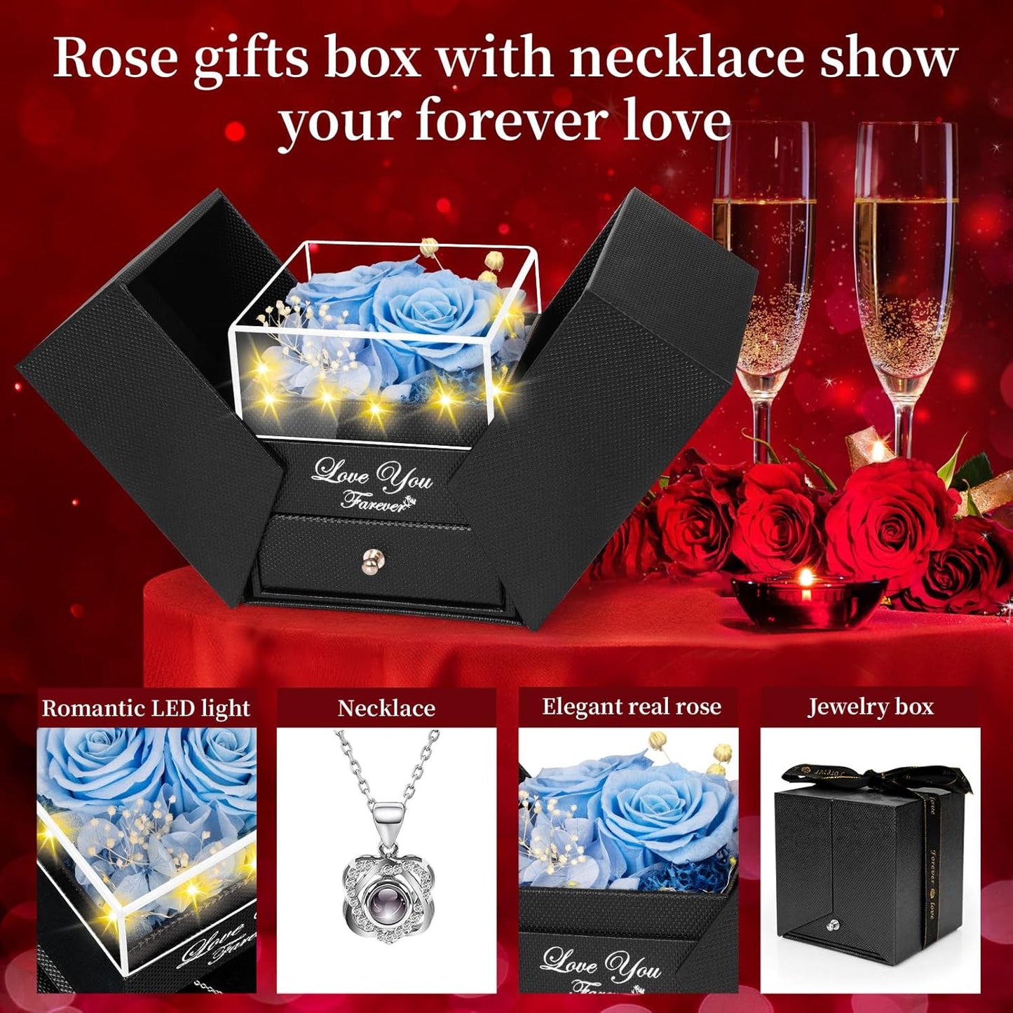 2 Preserved Real Rose with Heart I Love You Necklace- Eternal Rose Birthday Gifts for Women Wife Girlfriend Her Mom on Festivals Gifts Christmas Valentines Mothers Day Anniversary-Sky Blue Roses