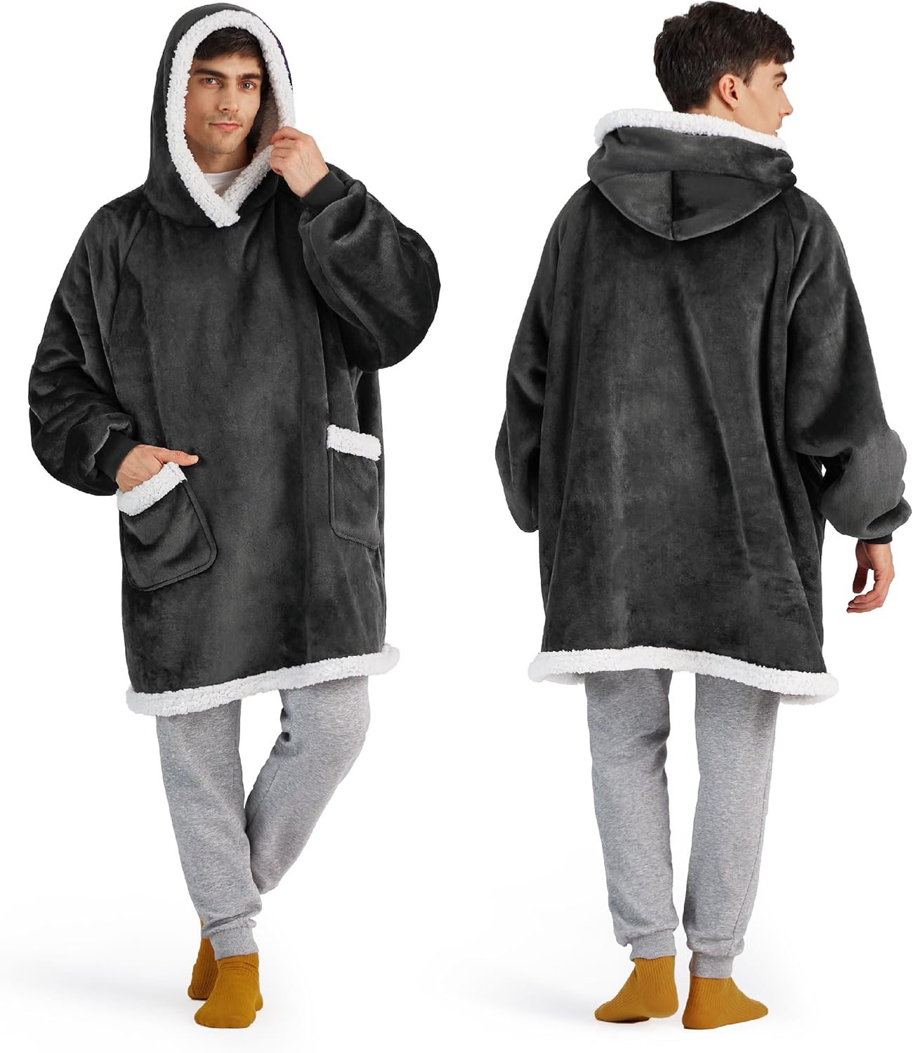 Bedsure Blanket Hoodie, Wearable Blanket for Adults & Kids as Gifts for Women Men, Birthday Gifts for Women Mom Girl Sherpa Oversized Hoodie, Grey Black, Oversize