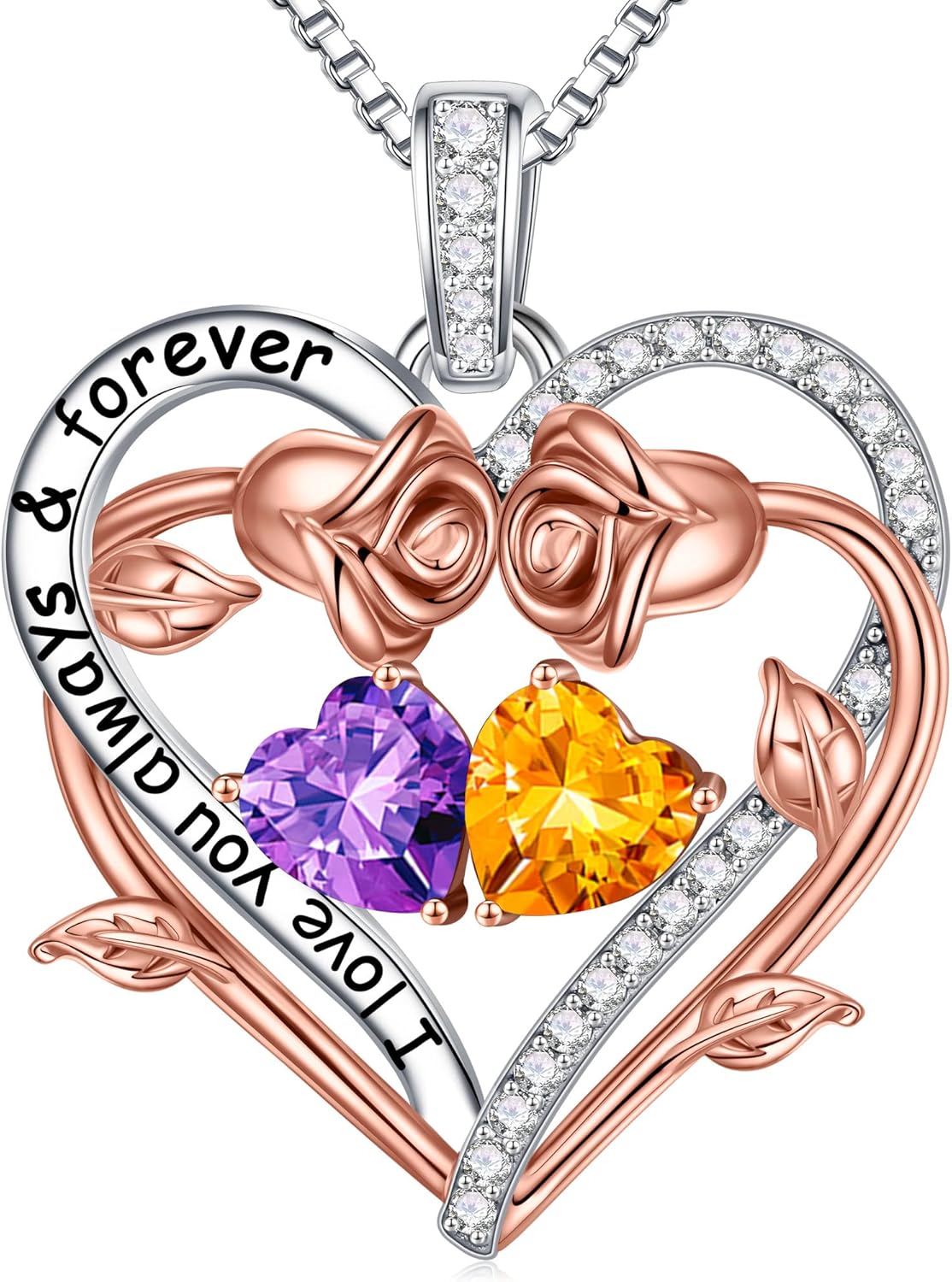 Iefil Rose Heart Double Birthstone Necklace Gifts for Wife Her Mom Women, Birthstone Jewelry Gemstone Birthday Gifts for Girlfriend Grandma Her Wife Women