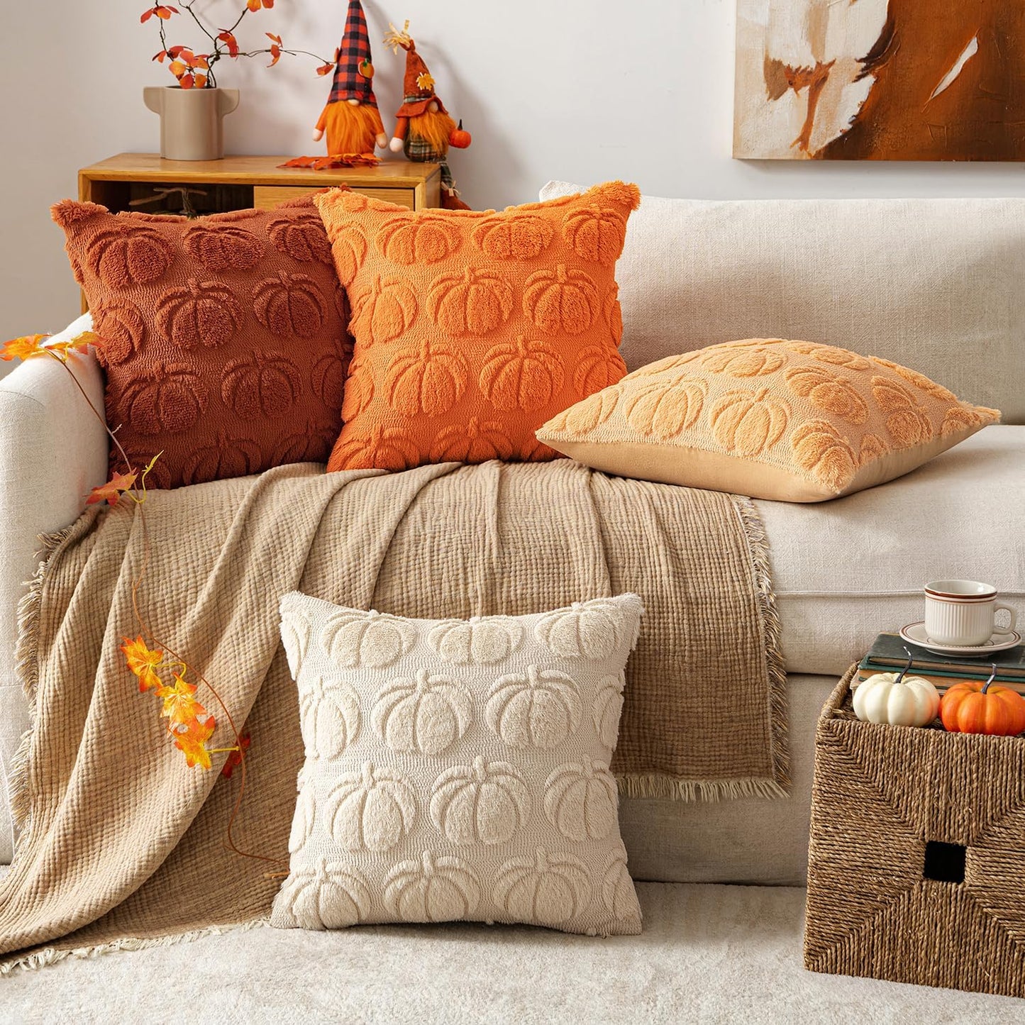 MIULEE Fall Pumpkin Pillow Covers 18x18 Inch Set of 4 - Soft Cozy Plush Decorative Pillows with Embroidered Pumpkin Pattern Autumn Halloween Holiday Decor for Sofa Couch Bed Living Room,Rust-Beige