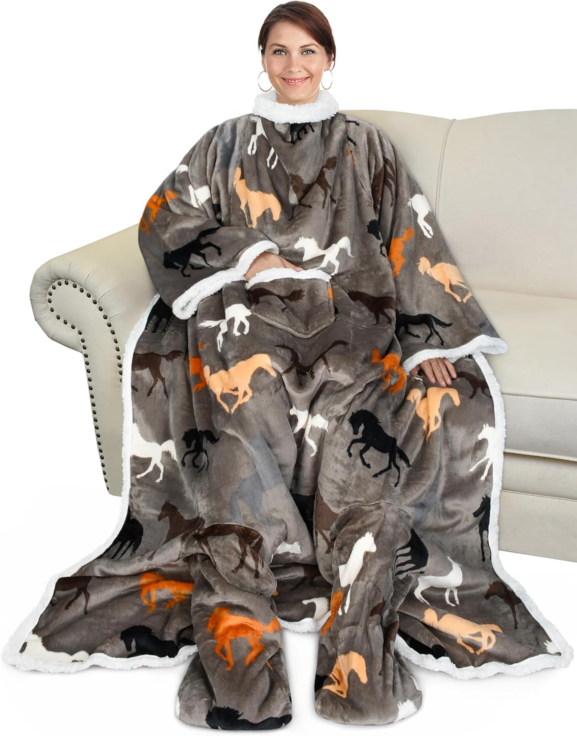 Catalonia Sherpa Wearable Blanket with Sleeves & Foot Pockets for Adult Women Men, Comfy Snuggle Wrap Sleeved Throw Blanket Robe, Gift Idea, Taupe Horse