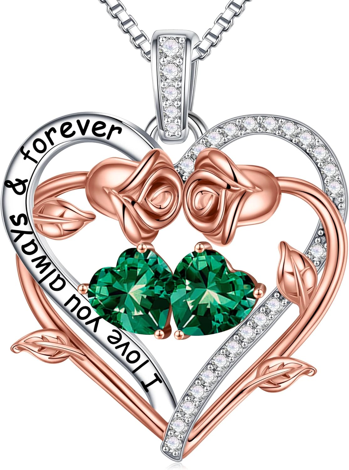 Iefil Rose Heart Double Birthstone Necklace Gifts for Wife Her Mom Women, Birthstone Jewelry Gemstone Birthday Gifts for Girlfriend Grandma Her Wife Women