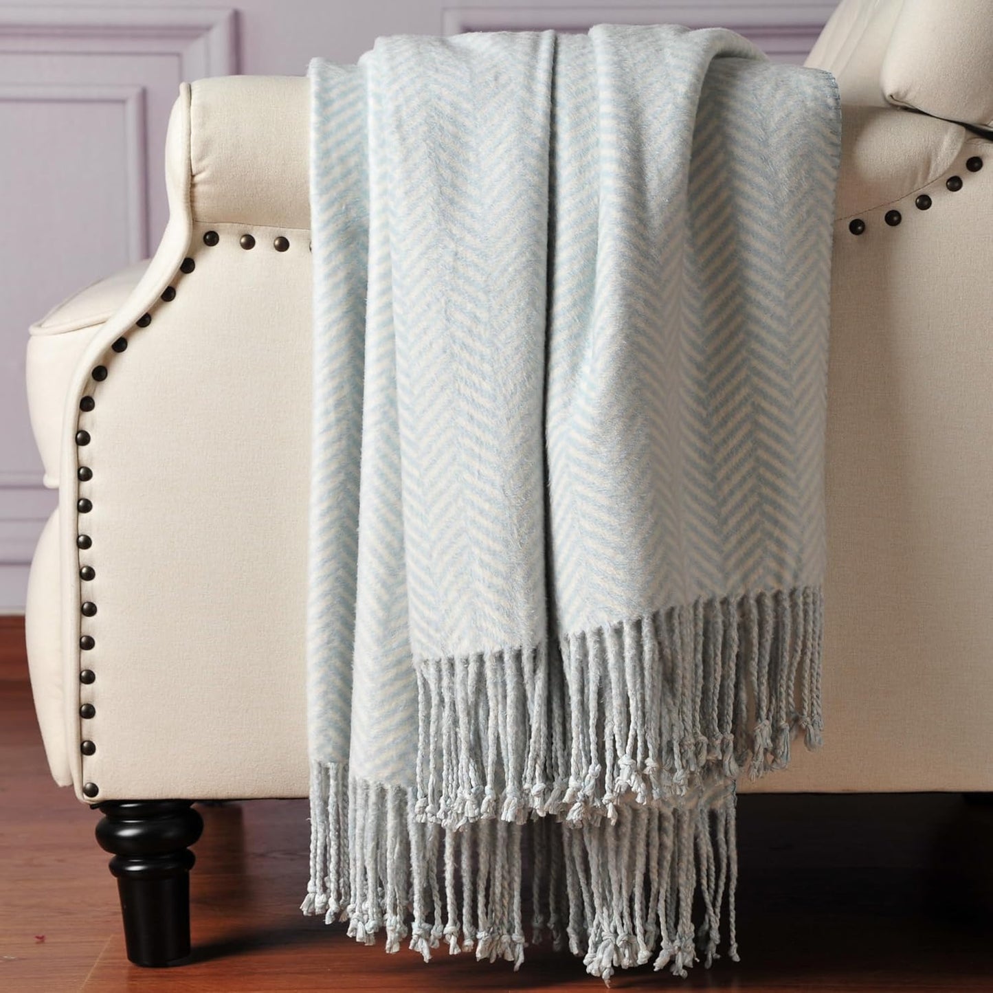 CUDDLE DREAMS Silk Throw Blanket with Hand-Knotted Fringe, Natural, Soft & Breathable (Herringbone Blue)