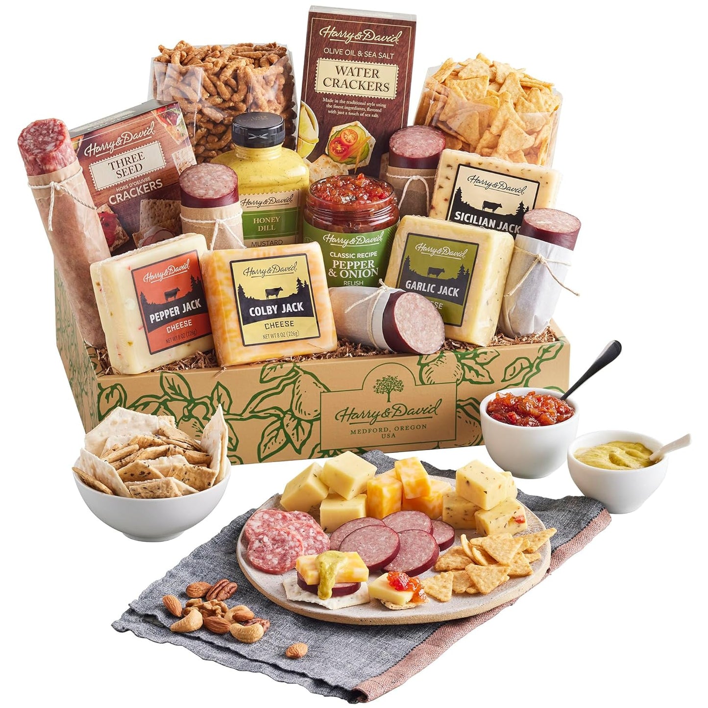 Harry & David Ultimate Meat And Cheese Gift Box, Food Gift Basket, Charcuterie Platter With 4 Cheese Blocks, 4 Sausages, 5 Sets Of Crackers, Sesame Sticks, Relish & Honey Mustard Sauces