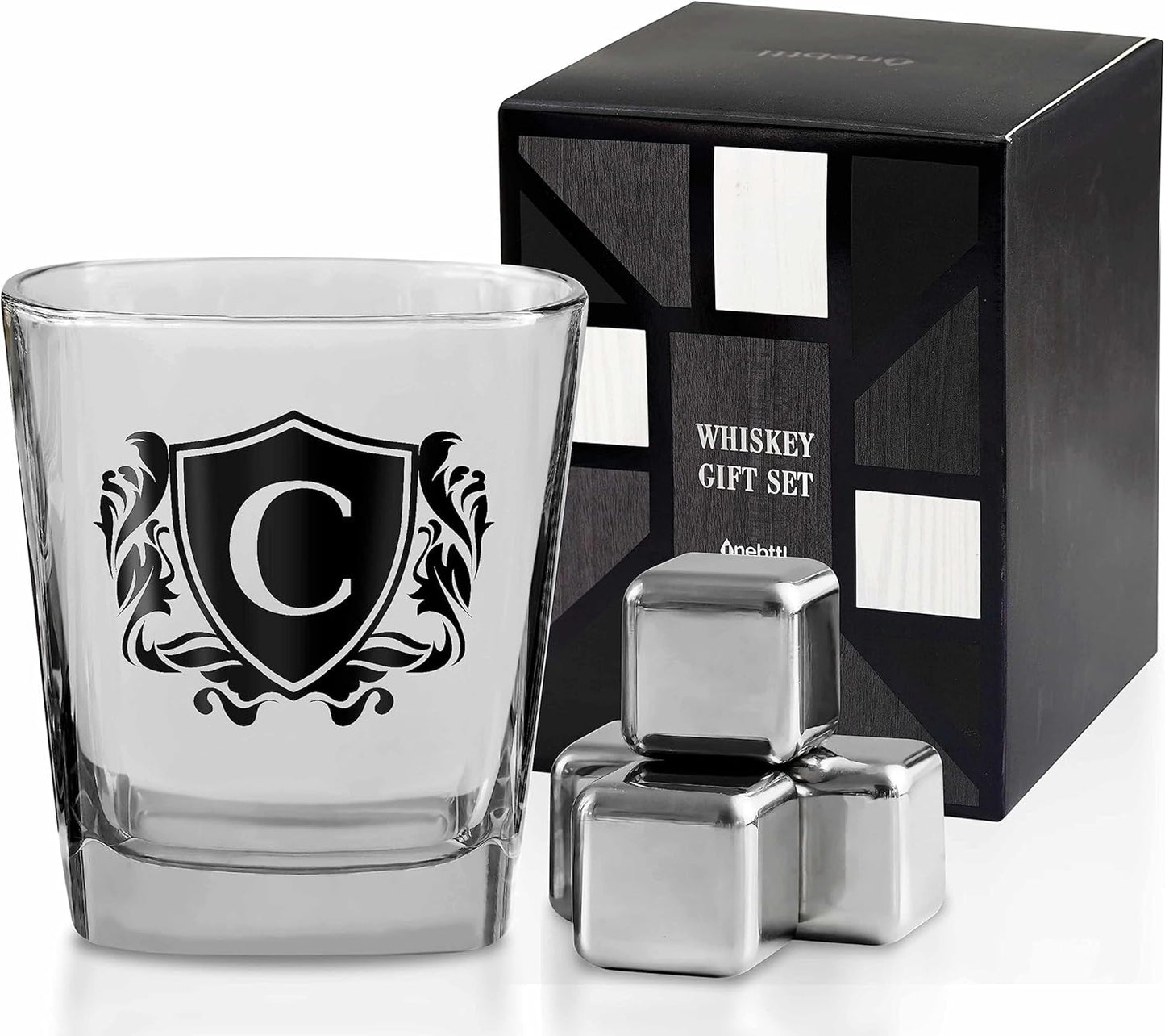 Whisky Gifts for Men, Personalized Initial Whiskey Glass with Whiskey Stones for Dad, Boyfriend, Best Friends, Coworkers, Husband, Brother, Uncle and Boss on Father's Day, Boss Day and Birthday - C