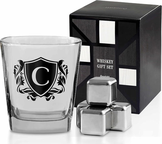 Whisky Gifts for Men, Personalized Initial Whiskey Glass with Whiskey Stones for Dad, Boyfriend, Best Friends, Coworkers, Husband, Brother, Uncle and Boss on Father's Day, Boss Day and Birthday - C