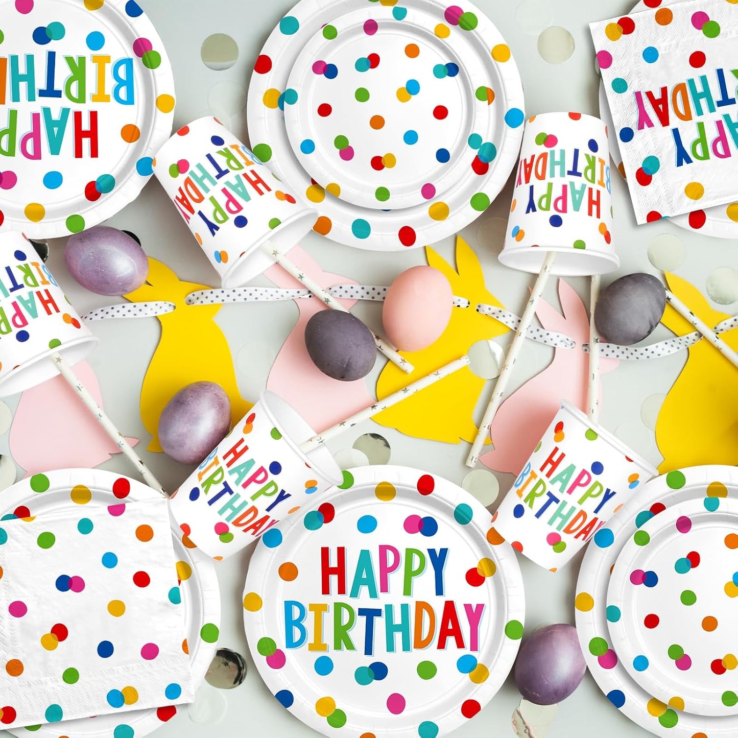 Happy Birthday Decorations: Happy Birthday Party Supplies Set with Birthday Dots Design- Includes Disposable Paper Birthday Plates and Napkins, Cups, Tablecloth, and Banner for Boys/Girls, Serves 25.