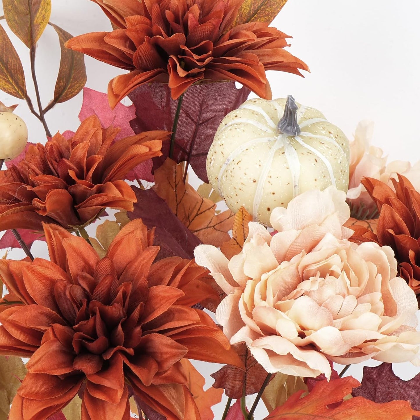 2 Bundles Fall Cemetery Flowers for Grave Fake Fall Flowers Mixed Bush Artificial Dahlia with Pumpkins Silk Floral Arrangement for Autumn Party Wedding Home Thanksgiving Decor (19.29")