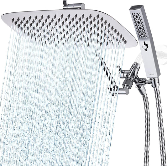 G-Promise All Metal 12 Inch Dual Square Shower Head with Handheld Spray Combo, Rain Shower Head, Adjustable Extension Arm, 3-Way Diverter, 71 Inch Extra Long Hose - A Bathroom Upgrade (Chrome)