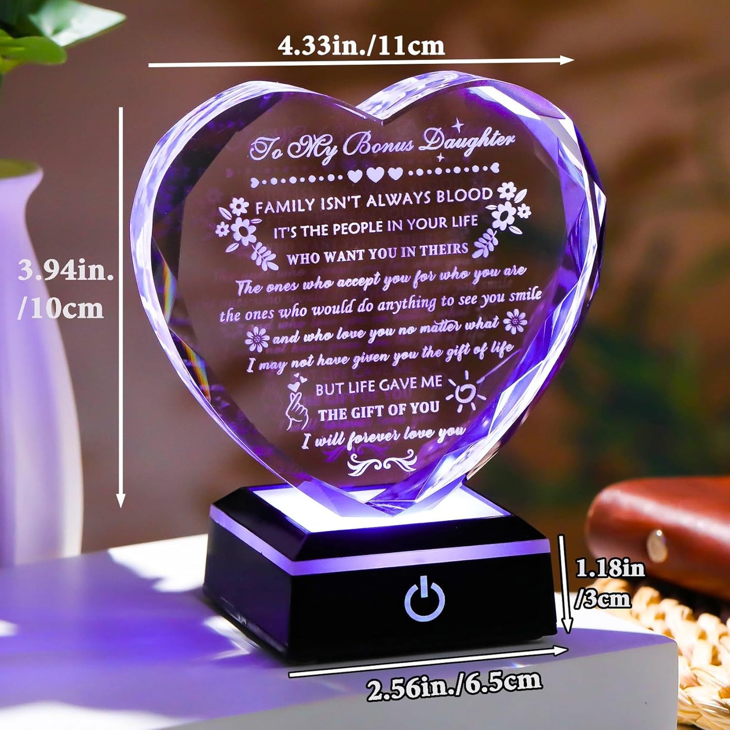 YWHL Bonus Daughter Gifts from Mom Dad Birthday Gifts for Bonus Daughter with Colorful Base Heart Shaped Crystal Keepsake To My Bonus Daughter Stepdaughter Gifts on Christmas Graduation Valentine's