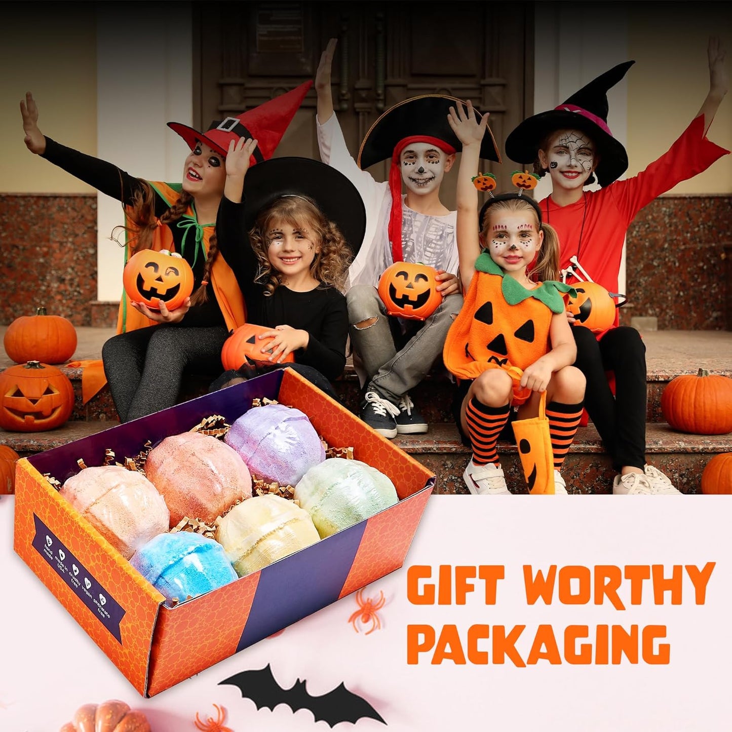 Halloween Bath Bomb for Kids with Surprise Toys Inside (6 Pack) - Large Pumpkin Spooky Bombs for Boys & Girls – Made in USA, Boo Basket Stuffers for Teens by Two Sisters