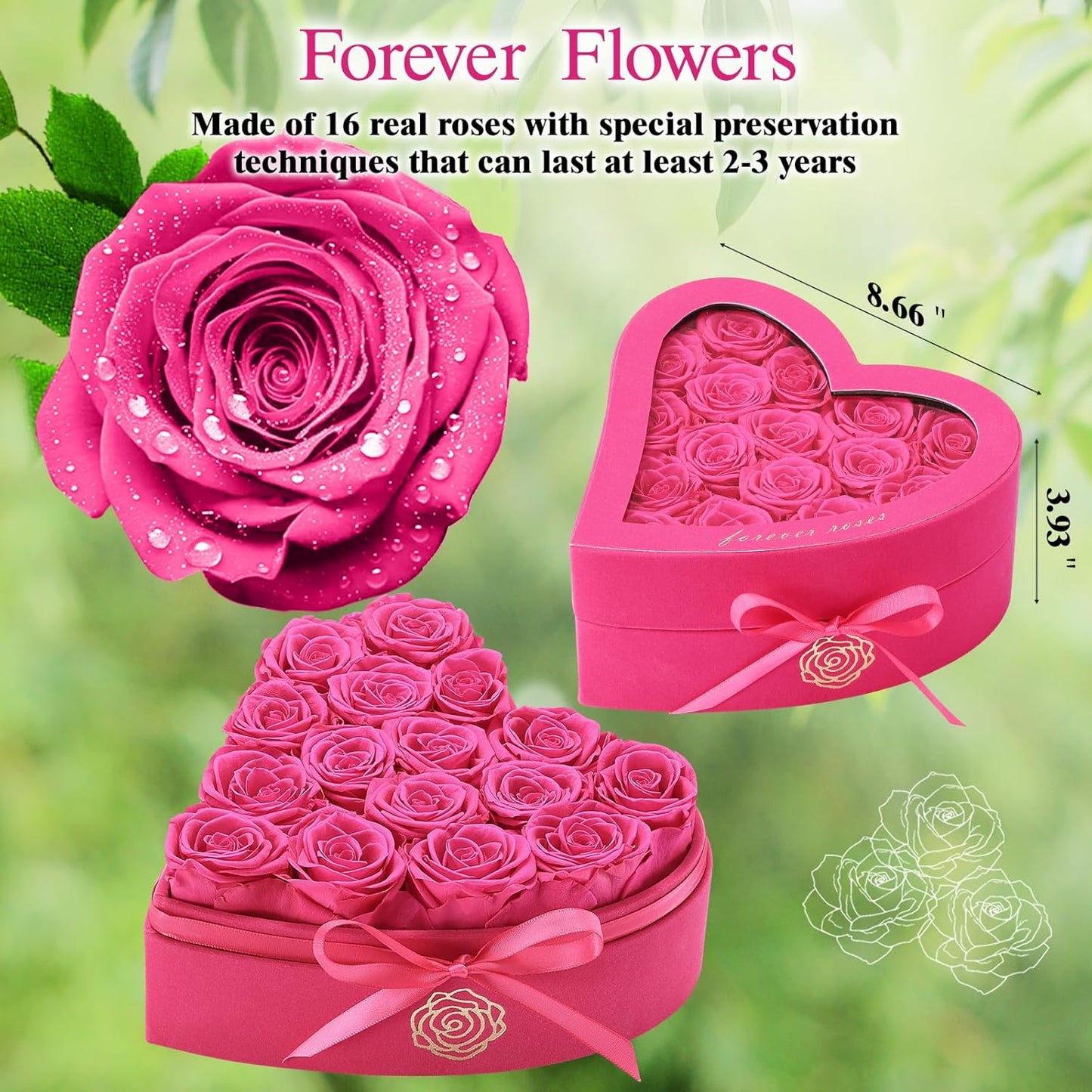 16 Forever Flowers in Heart Shaped Box - Preserved Roses Romantic Gifts for Her, Valentine’s Day, Anniversary, Wedding (Magenta)