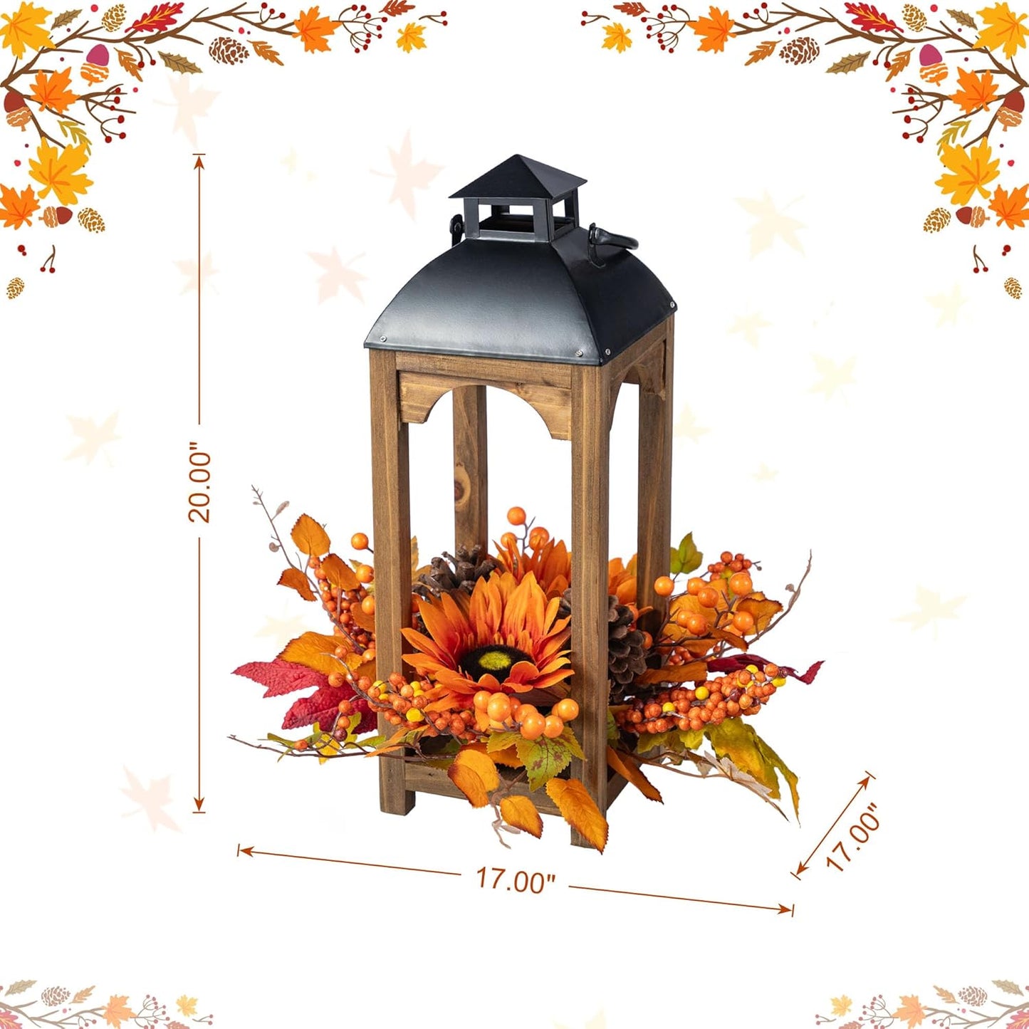 Glitzhome Set of 2 Fall Wooden Lanterns for Centerpieces, 20”H Sunflower, Pinecone and Berry Patio Lanterns, Autumn Decor for Porch, Garden, Yard, Tabletop Decorations