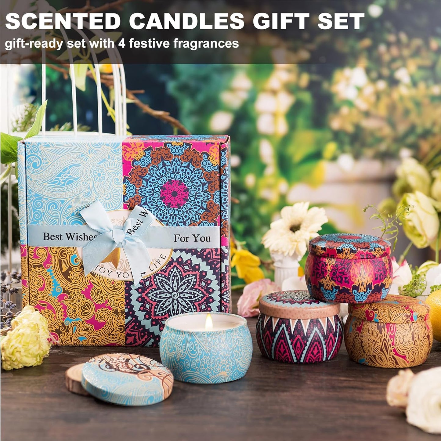 4 Pack Scented Candles Gifts for Women: Aromatherapy Candle Set, Soy Candles for Home Scented, Up to 120H Burning, Candle Gift Set for Bath Meditation Birthday, Diwali, Thanksgiving, Christmas Gifts