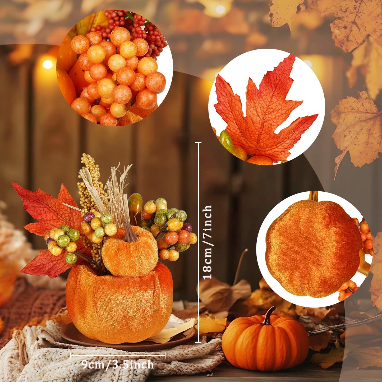 Artmag Set of 6 Artificial Pumpkins Decorations, Decorative Fabric Orange Pumpkin with Maple Berry Acorn Pine Cone Vegetables for Fall Thanksgiving Harvest Party Home Tabletop