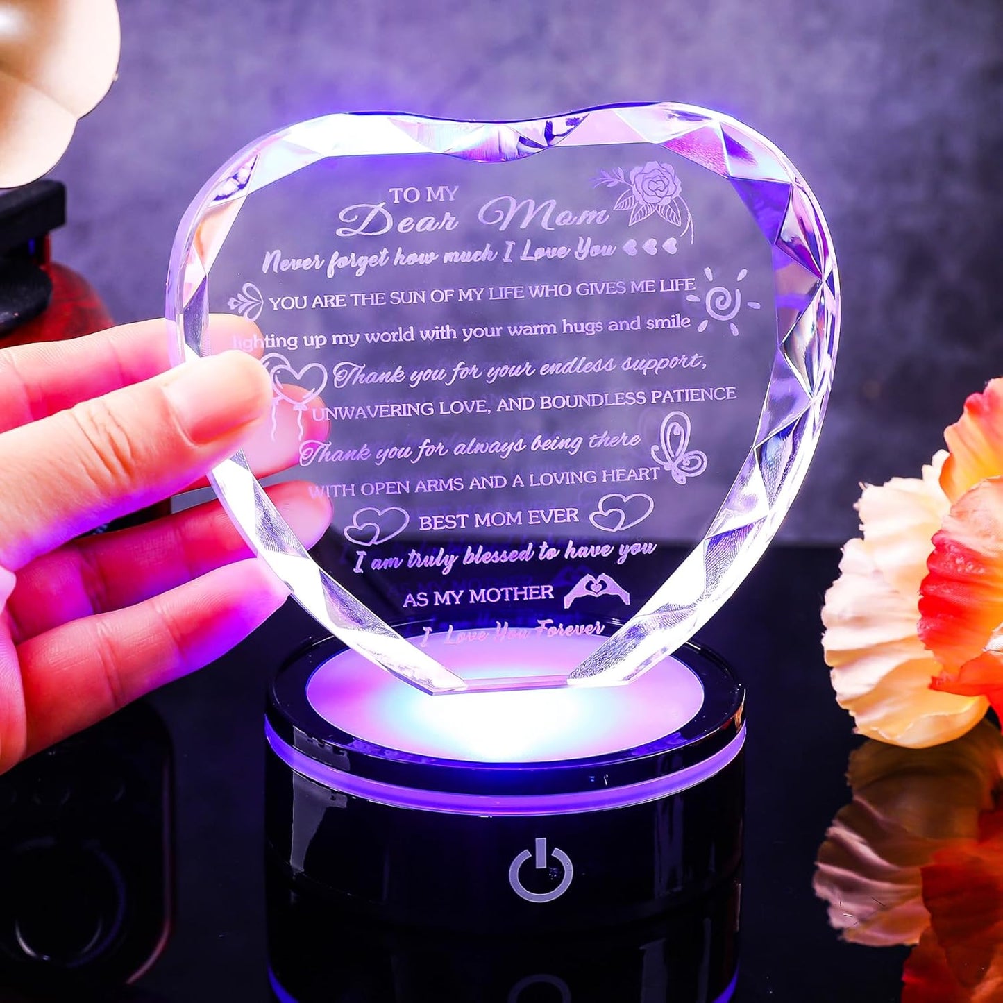 Gifts for Mom with Colorful LED Base Unique Moms Birthday Gifts from Daughter Son Crystal Heart Keepsakes to My Mom Gift for Mother's Day Thanksgiving Best Mother Ever Presents