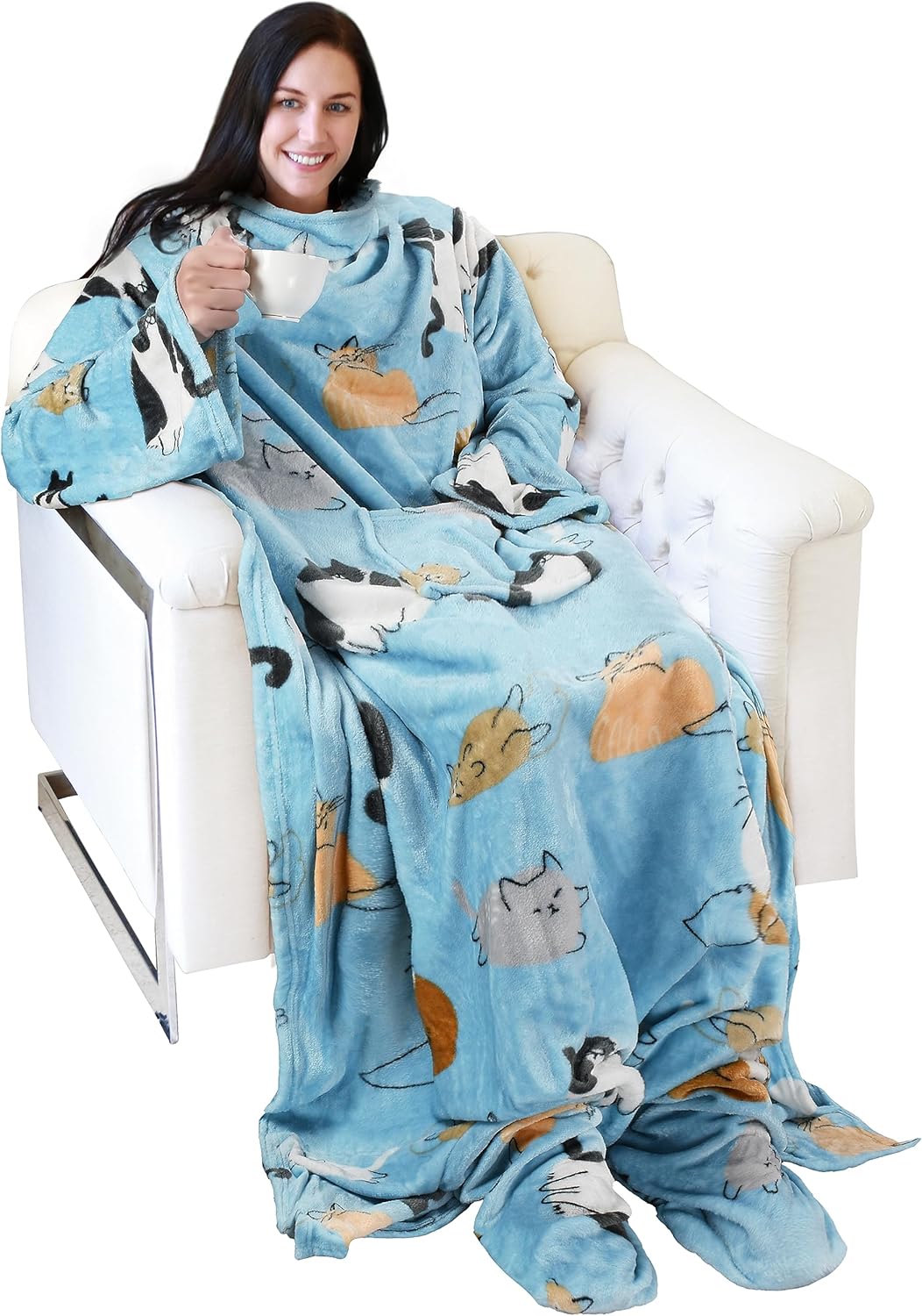 Catalonia Wearable Fleece Blanket with Sleeves and Foot Pockets for Adult Women Men, Micro Plush Comfy Wrap Sleeved Throw Blanket Robe Large, Blue Cat