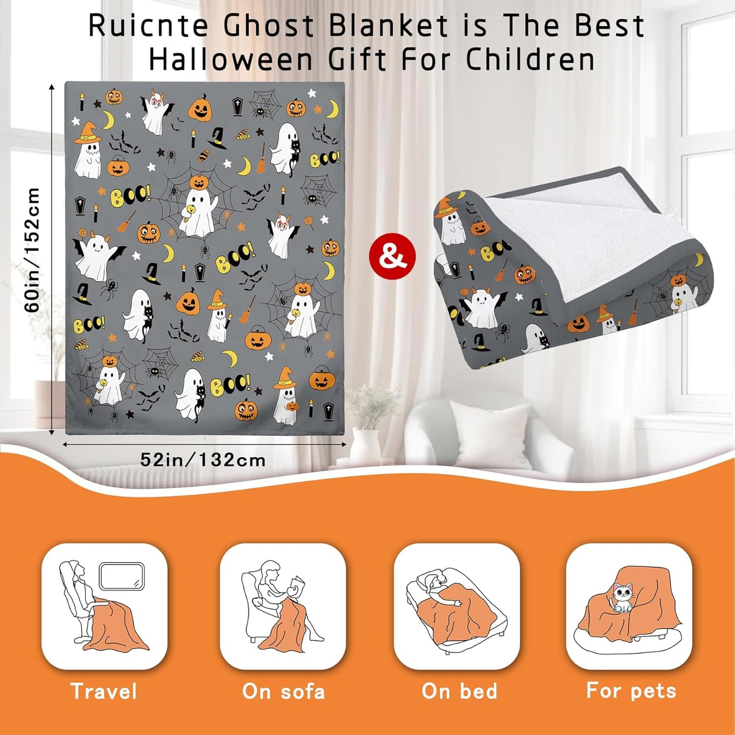 Halloween Throw Blanket 52”x 60” with Cute Ghost Pumpkin Spider Birthday Gifts for Kids,Grey Flannel Bat Blanket Soft Warm Cozy Throw for Daughter Son Harvest Gifts and Home Decor